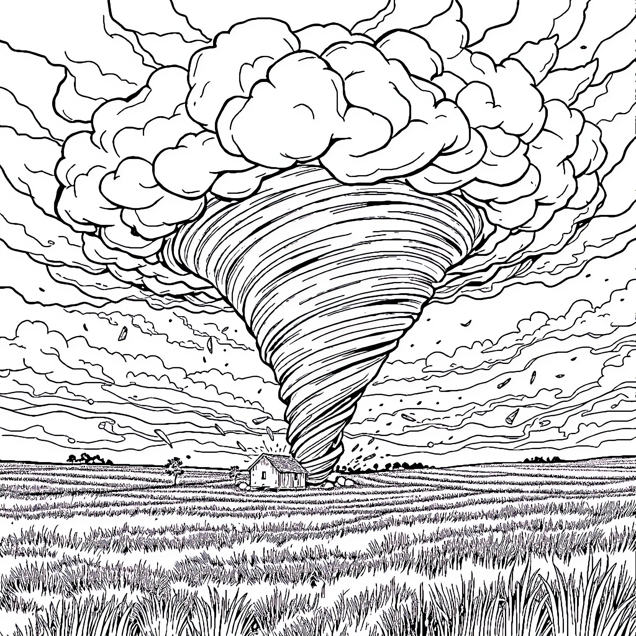 Tornado swirling through a rural landscape Coloring Page (free black-and-white line drawing printable PDF for all, from beginners to advanced learners, including children, teens, adults, and seniors)
