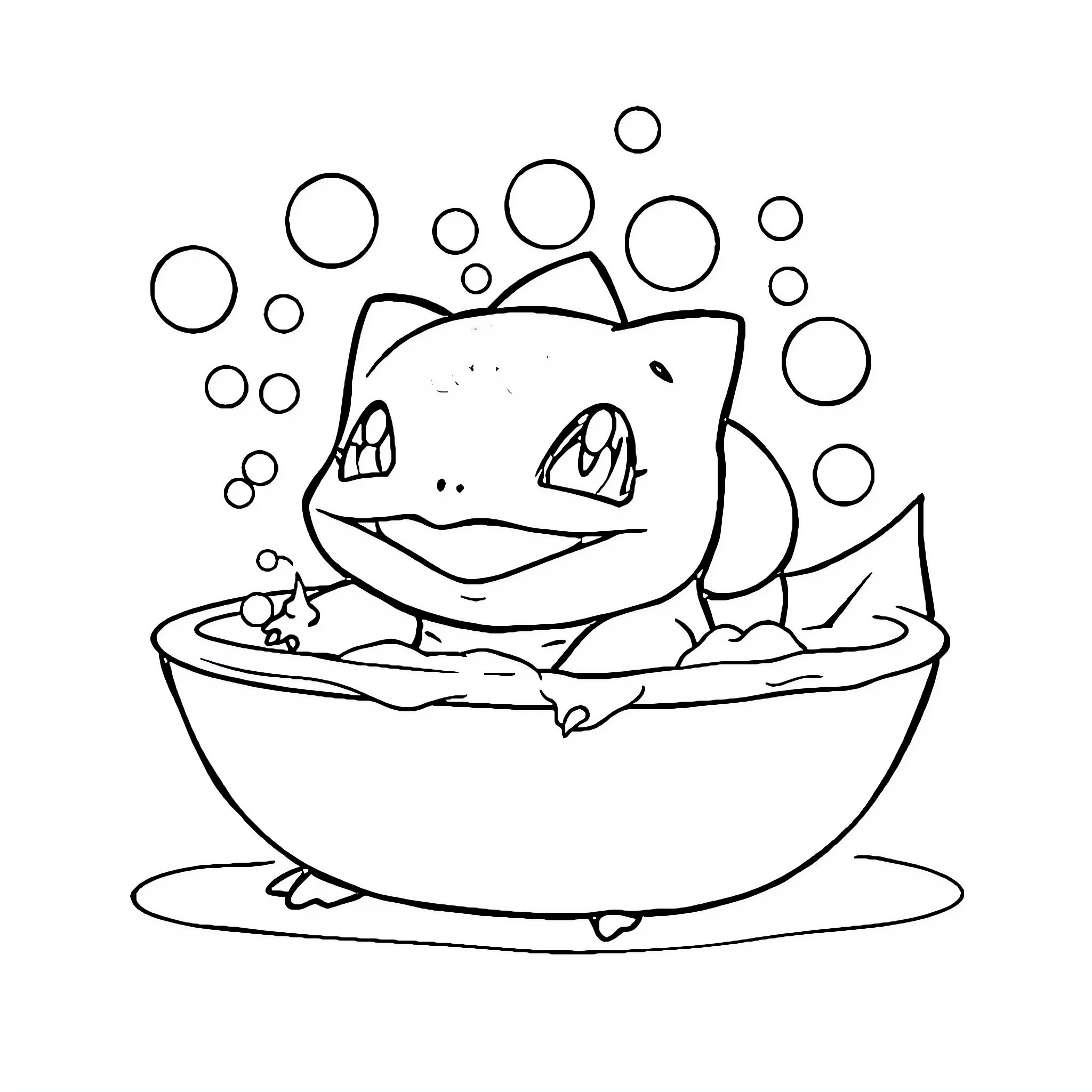 Bulbasaur enjoying a bubble bath Coloring Page (free black-and-white line drawing printable PDF for all, from beginners to advanced learners, including children, teens, adults, and seniors)