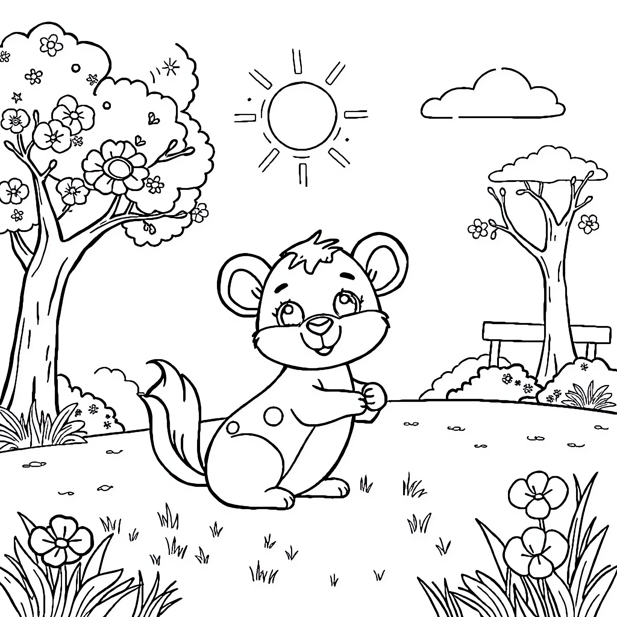 Animal enjoying nature's scenery in the outdoors Coloring Page (free black-and-white line drawing printable PDF for all, from beginners to advanced learners, including children, teens, adults, and seniors)