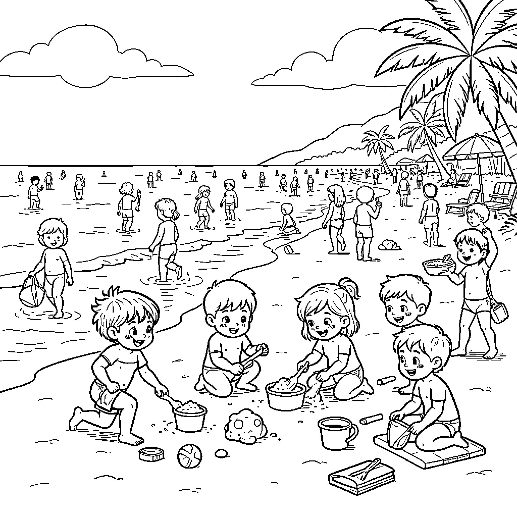 Child playing with sand and toys on the beach Coloring Page (free black-and-white line drawing printable PDF for all, from beginners to advanced learners, including children, teens, adults, and seniors)