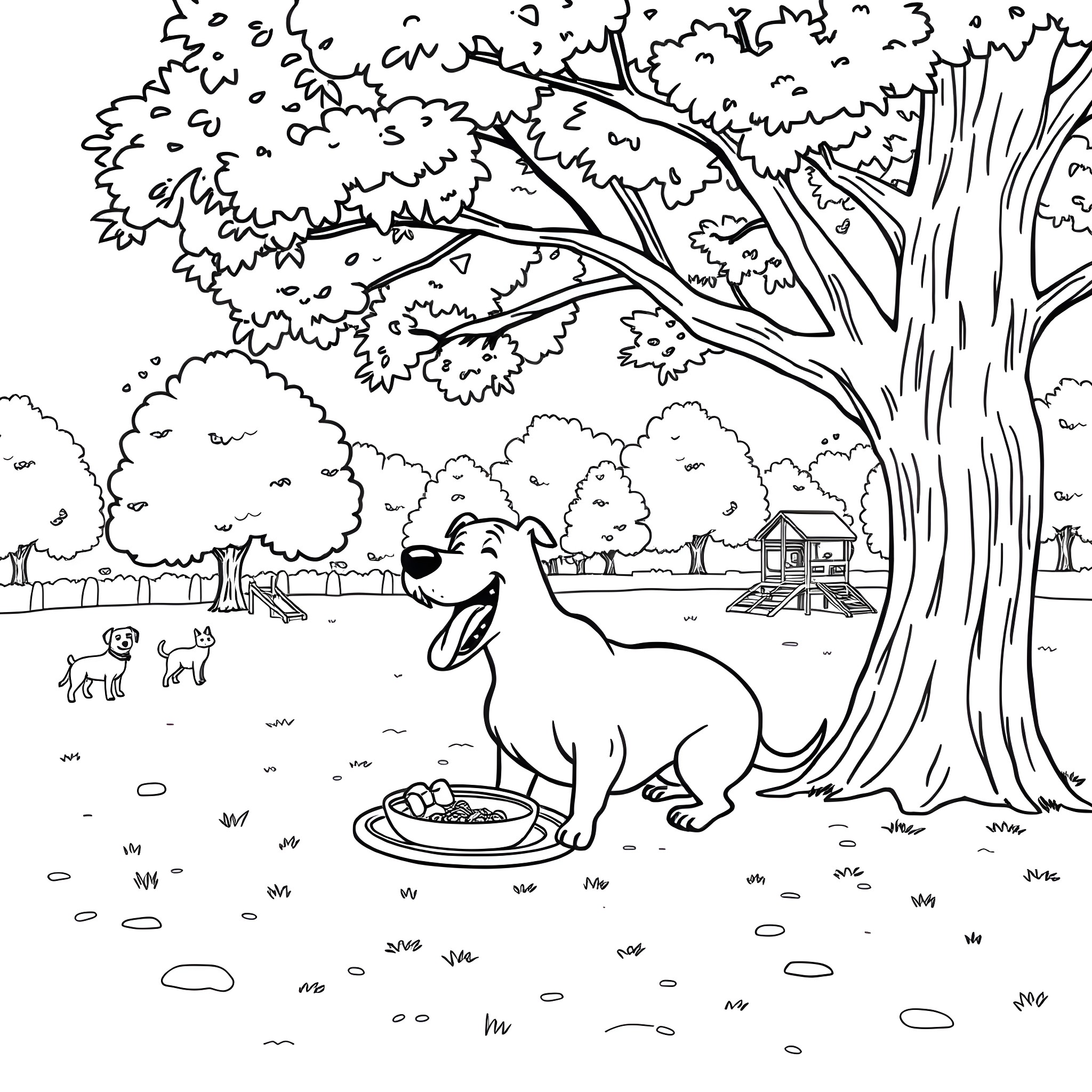 Sausage Dog enjoying a picnic under a large tree Coloring Page (free black-and-white line drawing printable PDF for all, from beginners to advanced learners, including children, teens, adults, and seniors)