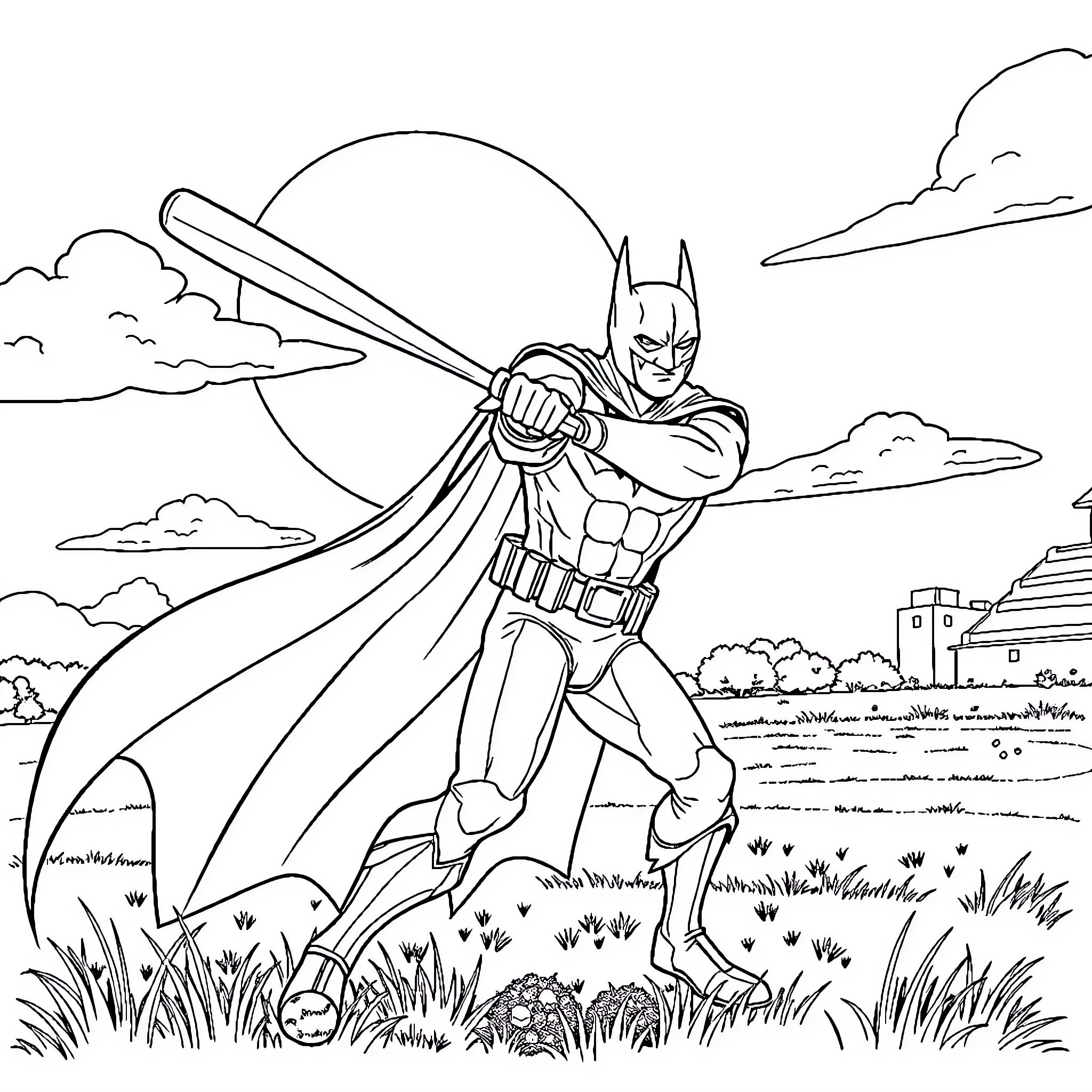 Batman heroically standing in action pose Coloring Page (free black-and-white line drawing printable PDF for all, from beginners to advanced learners, including children, teens, adults, and seniors)