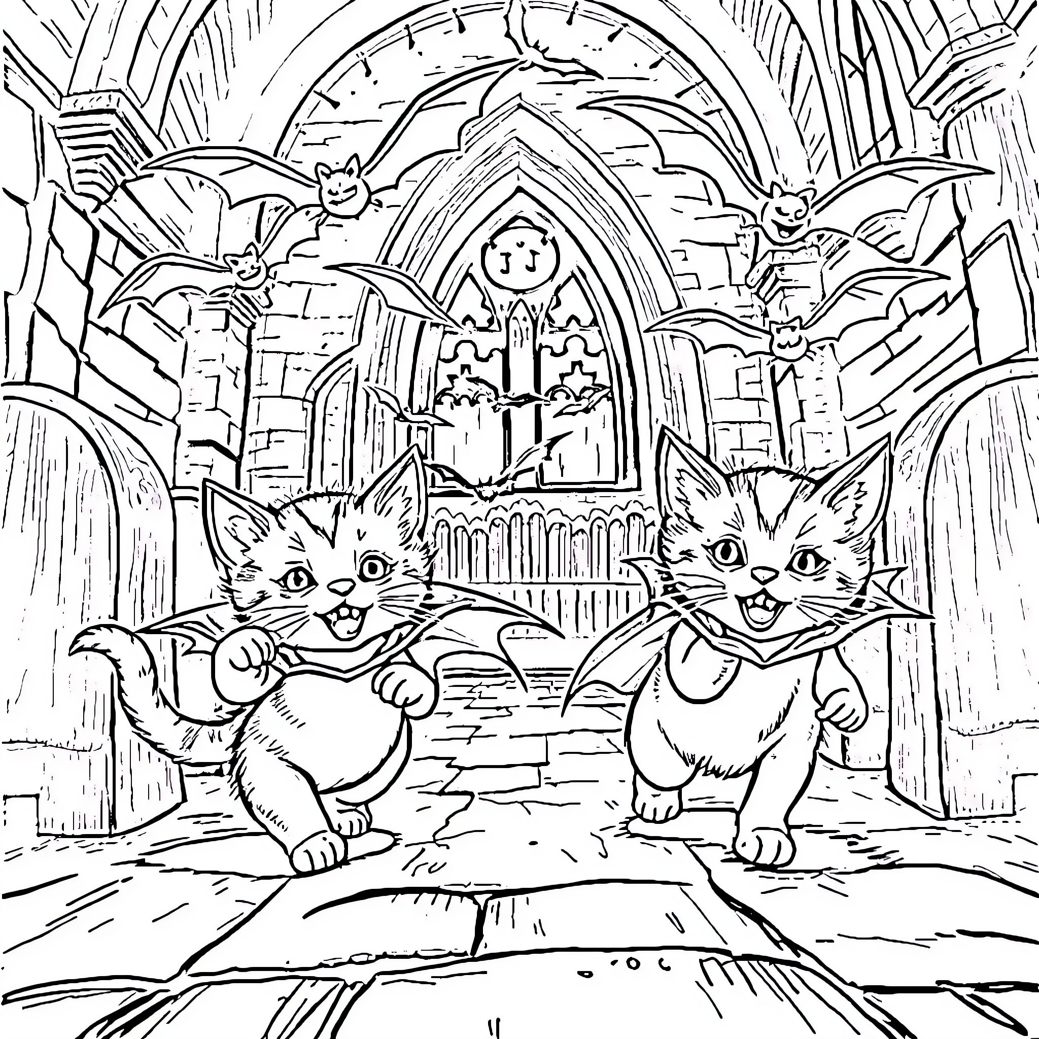 Vampire Kittens exploring a Gothic cathedral Coloring Page (free black-and-white line drawing printable PDF for all, from beginners to advanced learners, including children, teens, adults, and seniors)