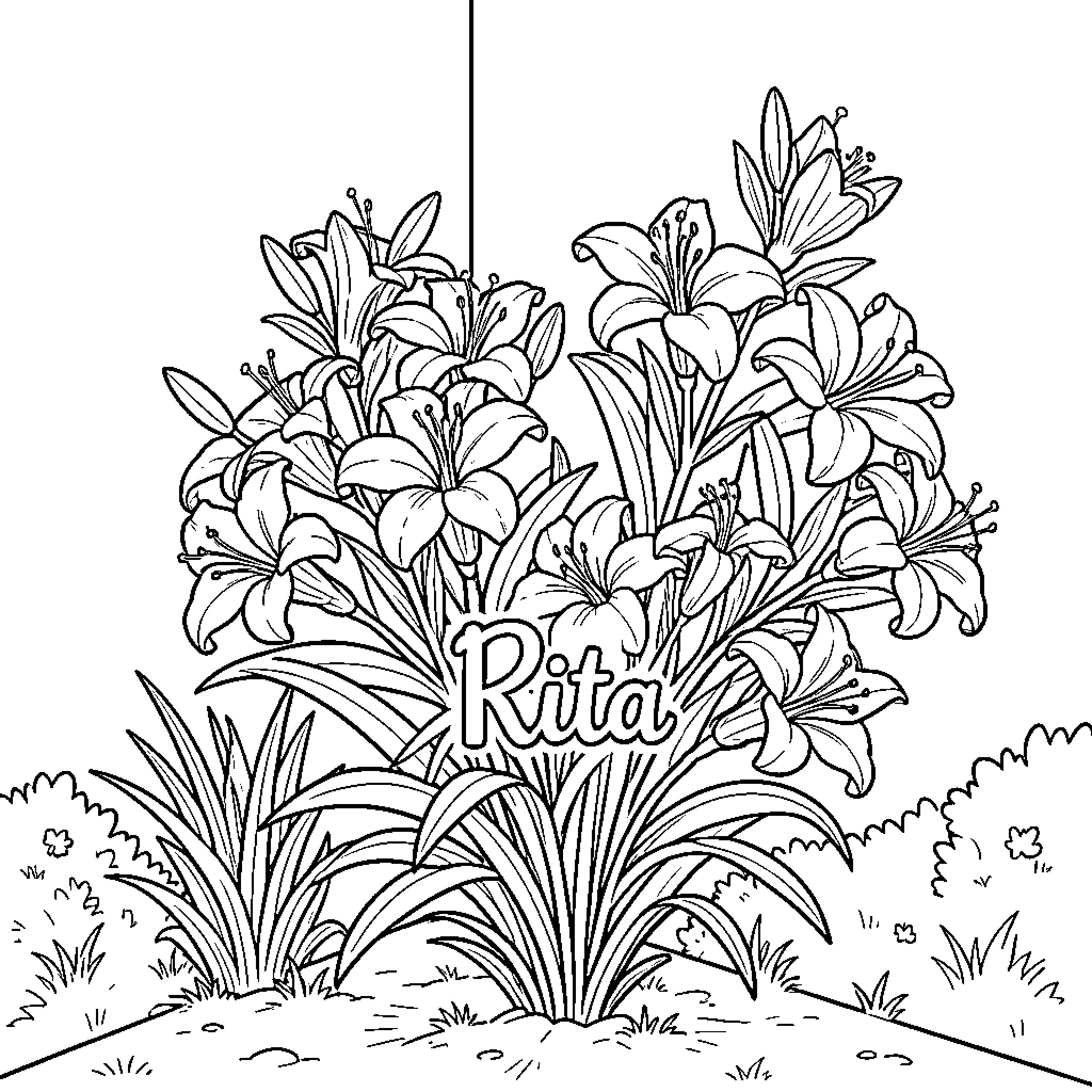 Lily's Flower Garden Coloring Page (free black-and-white line drawing printable PDF for all, from beginners to advanced learners, including children, teens, adults, and seniors)
