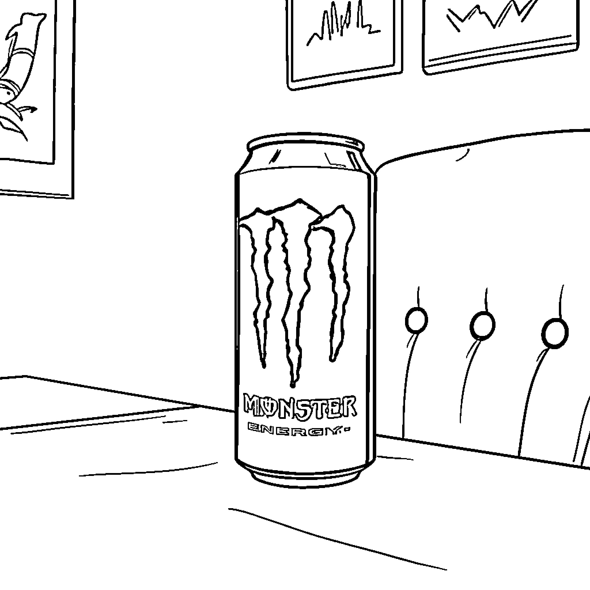 Monster energy drink in office setting Coloring Page (free black-and-white line drawing printable PDF for all, from beginners to advanced learners, including children, teens, adults, and seniors)