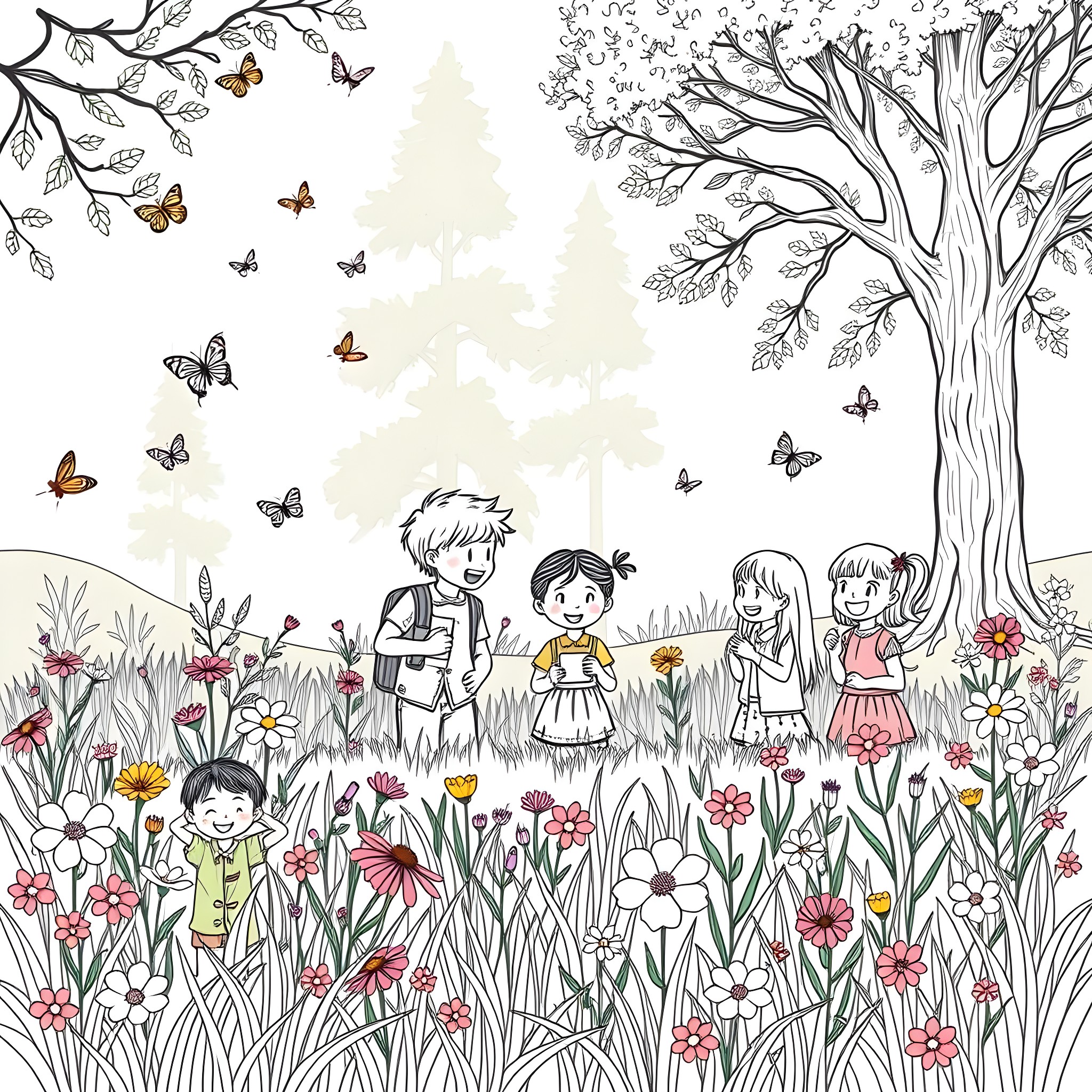 Children Playing Happily in a Whimsical Garden Coloring Page (free black-and-white line drawing printable PDF for all, from beginners to advanced learners, including children, teens, adults, and seniors)