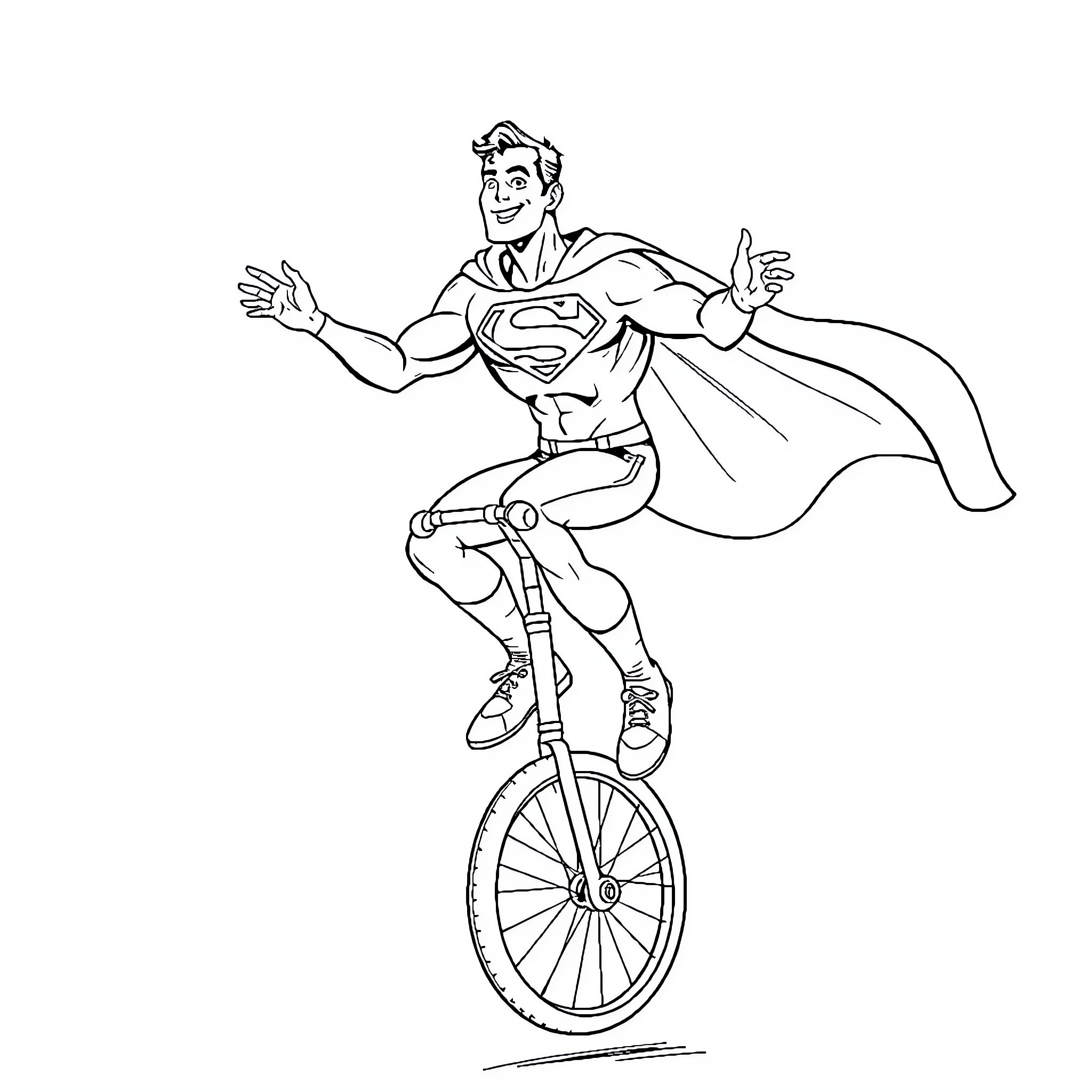 Superman flying on a unicycle with joy Coloring Page (free black-and-white line drawing printable PDF for all, from beginners to advanced learners, including children, teens, adults, and seniors)