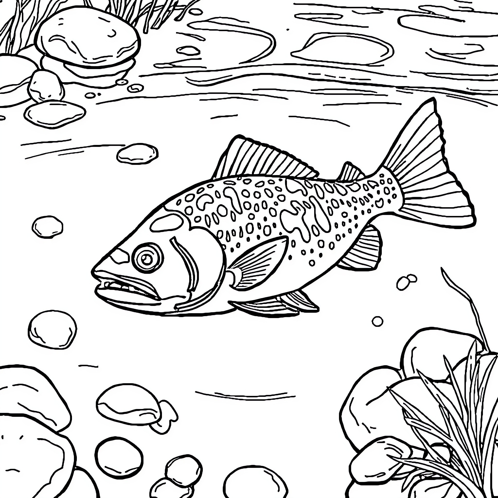 Fish swimming in underwater scenery Coloring Page (free black-and-white line drawing printable PDF for all, from beginners to advanced learners, including children, teens, adults, and seniors)