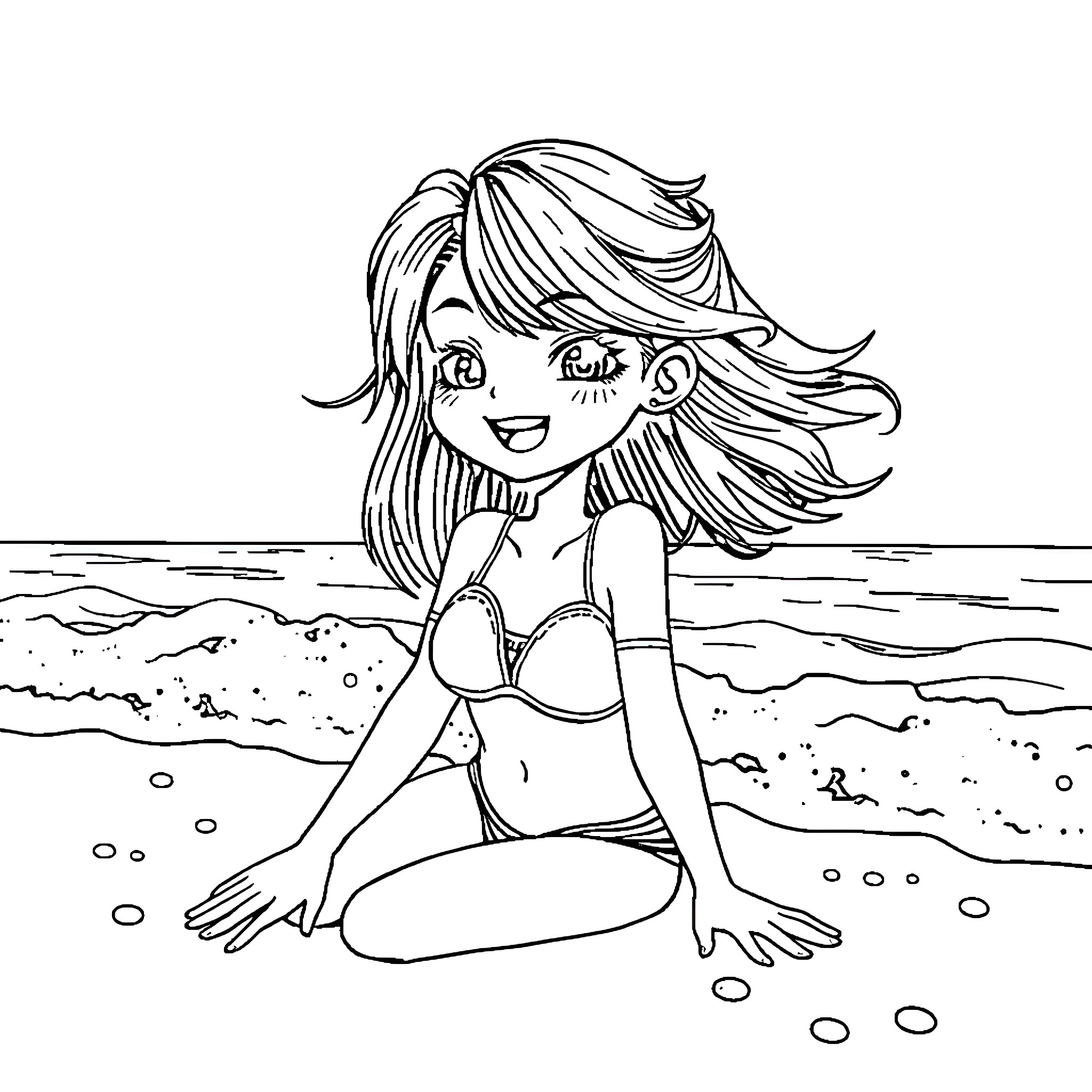 Anime Girl Relaxing on the Beach Coloring Page (free black-and-white line drawing printable PDF for all, from beginners to advanced learners, including children, teens, adults, and seniors)