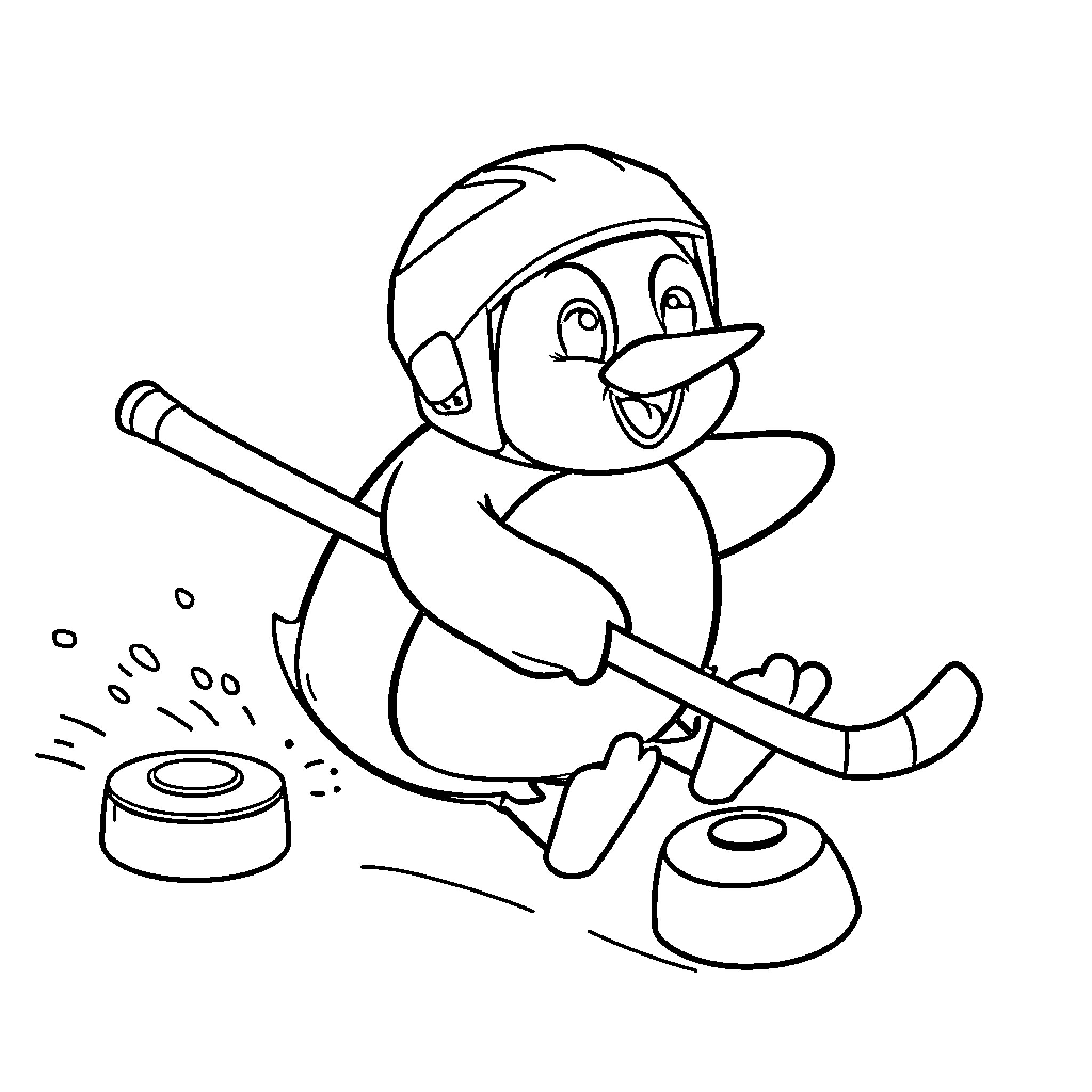 Penguin playing hockey with puck on ice Coloring Page (free black-and-white line drawing printable PDF for all, from beginners to advanced learners, including children, teens, adults, and seniors)