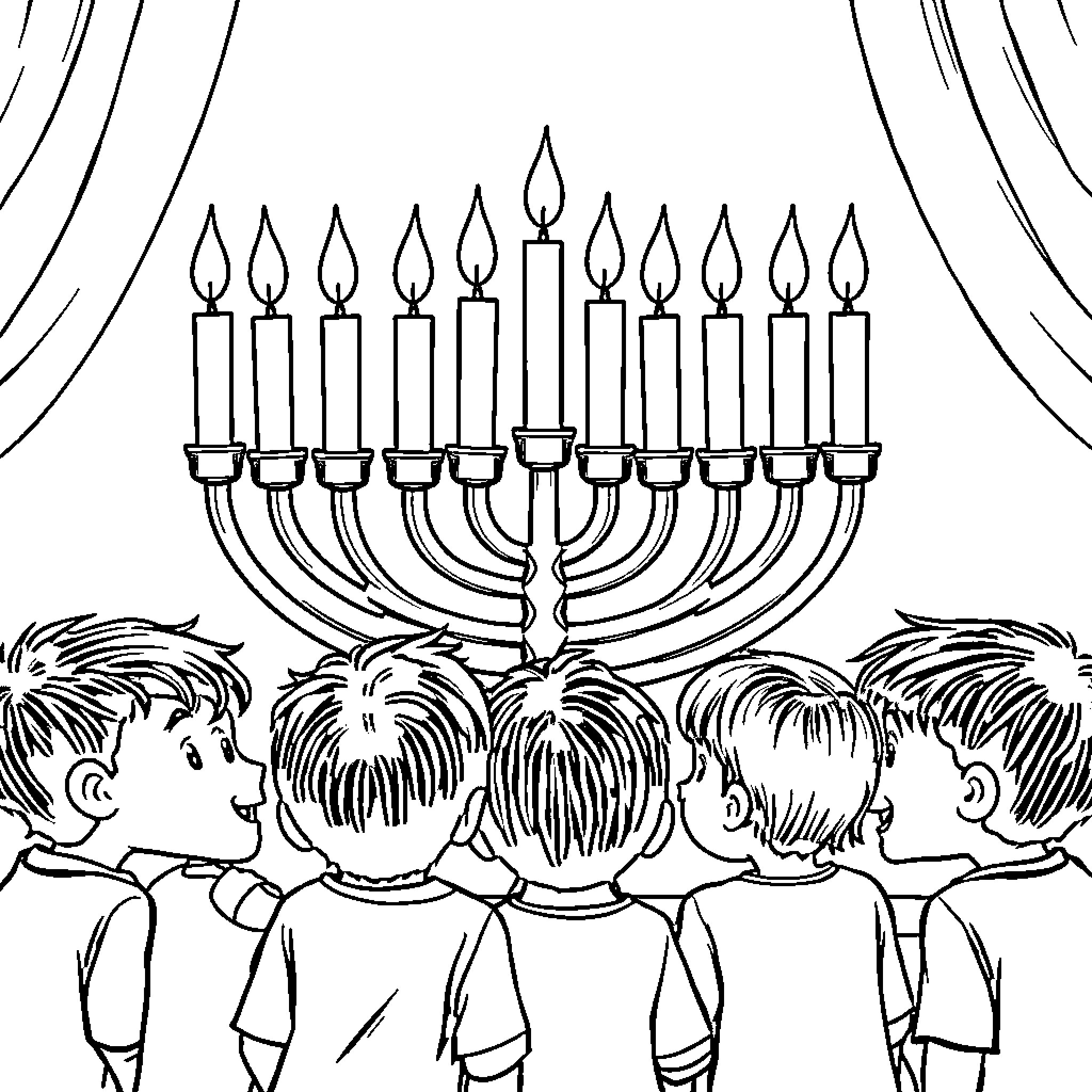 Menorah surrounded by children observing its light Coloring Page (free black-and-white line drawing printable PDF for all, from beginners to advanced learners, including children, teens, adults, and seniors)