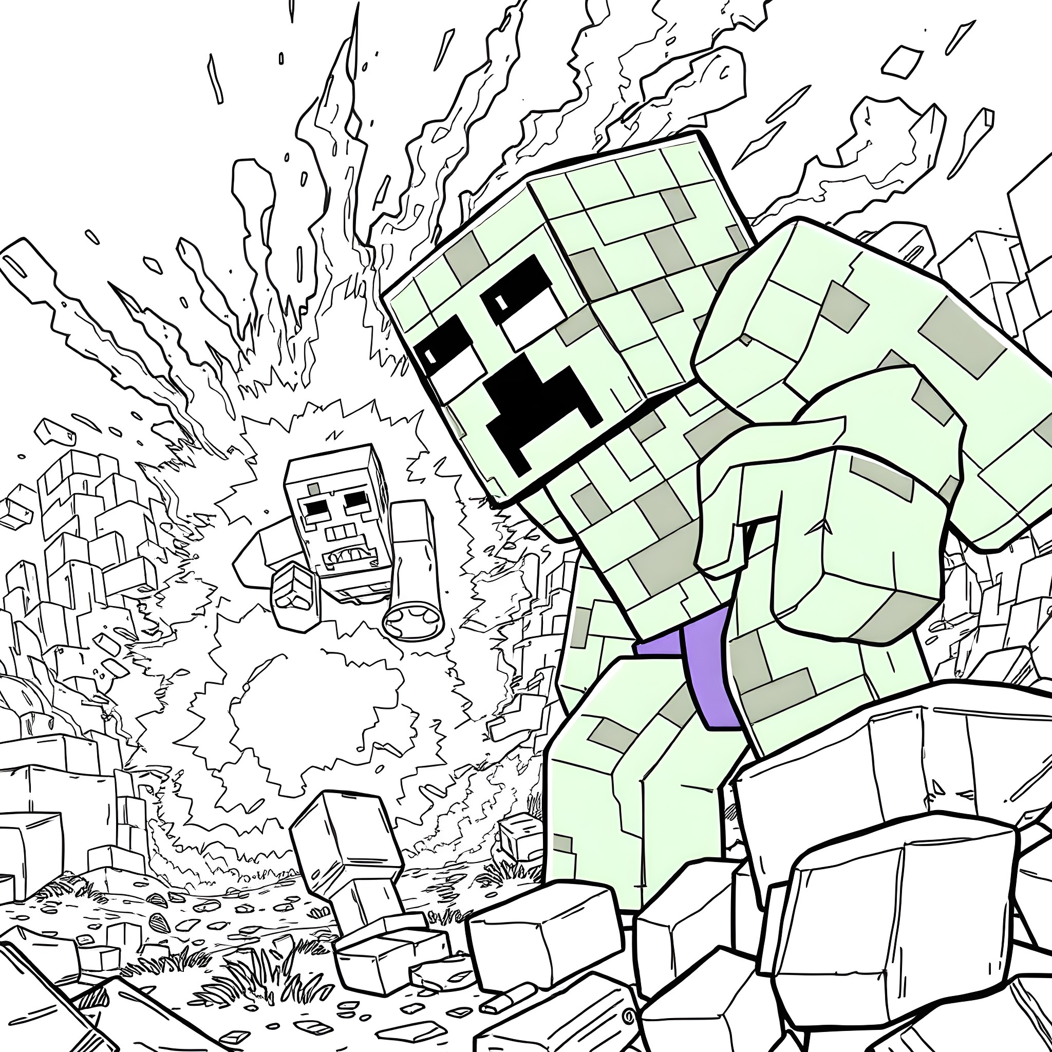 Creeper exploding amidst chaotic scenery Coloring Page (free black-and-white line drawing printable PDF for all, from beginners to advanced learners, including children, teens, adults, and seniors)