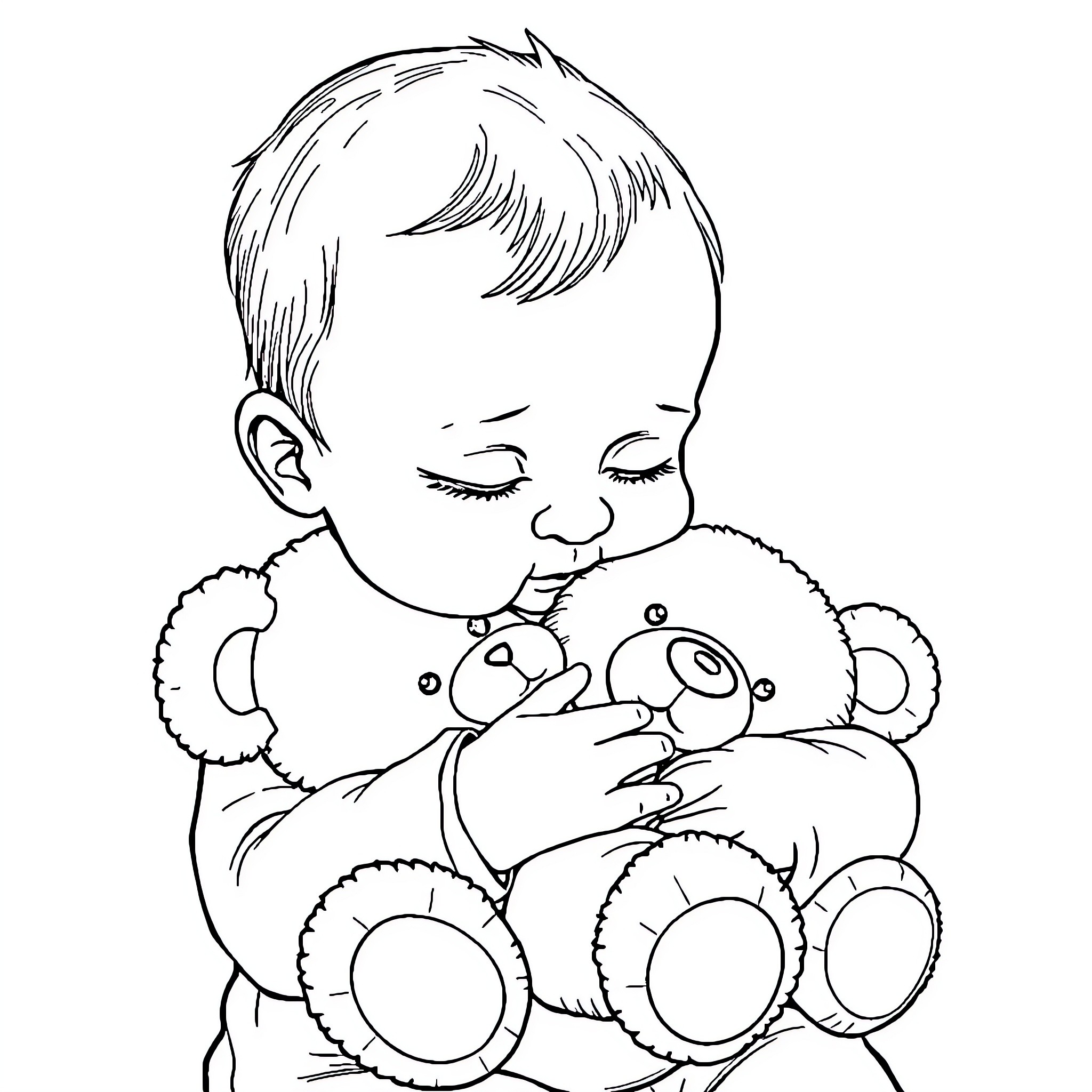 Baby cuddling adorable plush toy Coloring Page (free black-and-white line drawing printable PDF for all, from beginners to advanced learners, including children, teens, adults, and seniors)