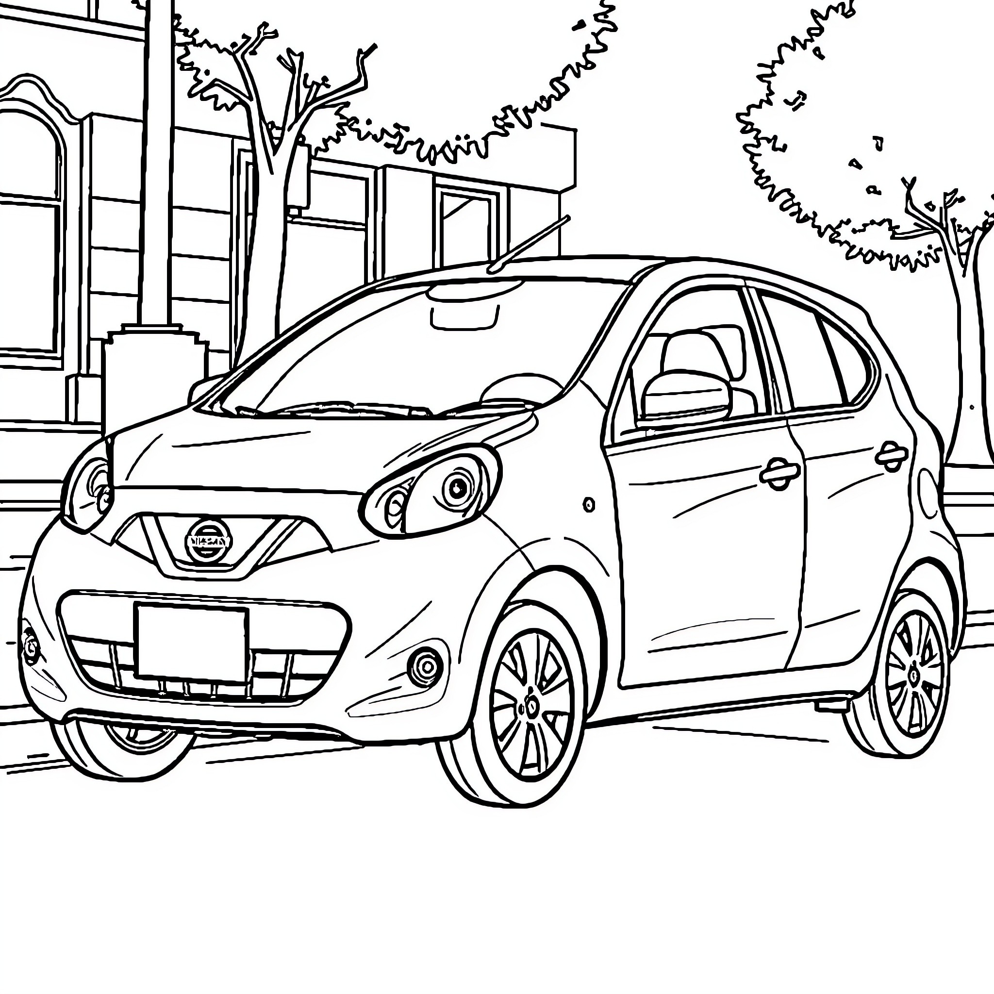 Nissan Micra parked on the street Coloring Page (free black-and-white line drawing printable PDF for all, from beginners to advanced learners, including children, teens, adults, and seniors)
