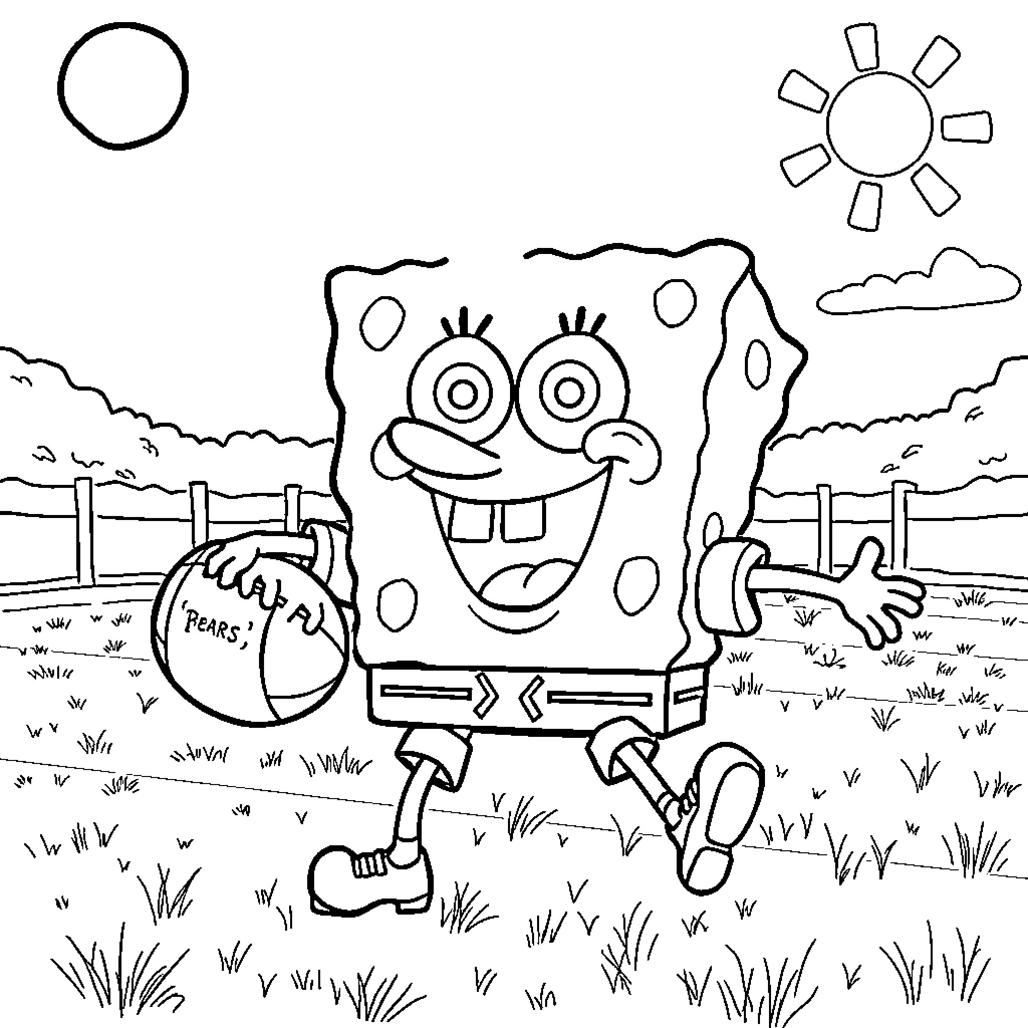 Spongebob playing with a ball in a field Coloring Page (free black-and-white line drawing printable PDF for all, from beginners to advanced learners, including children, teens, adults, and seniors)