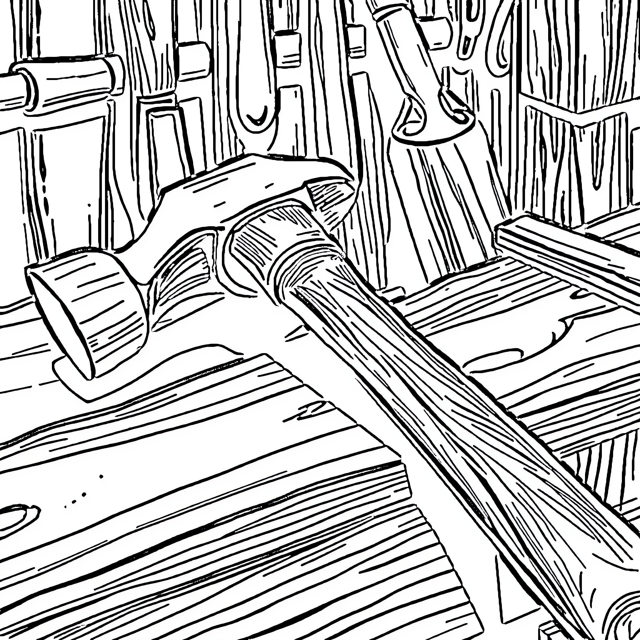 Hammer pounding nails in wooden planks Coloring Page (free black-and-white line drawing printable PDF for all, from beginners to advanced learners, including children, teens, adults, and seniors)