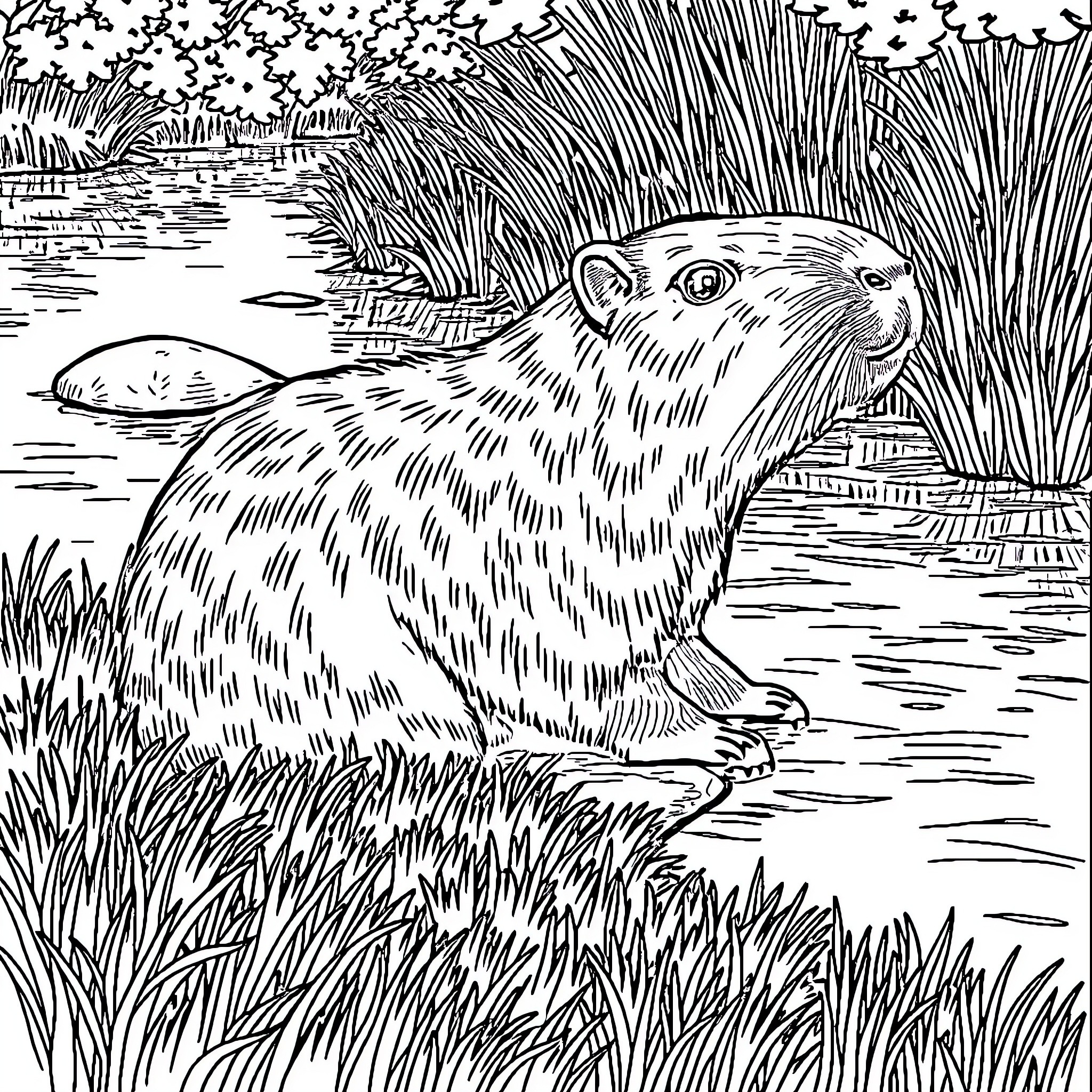 Capybara enjoying peaceful riverside scenery Coloring Page (free black-and-white line drawing printable PDF for all, from beginners to advanced learners, including children, teens, adults, and seniors)