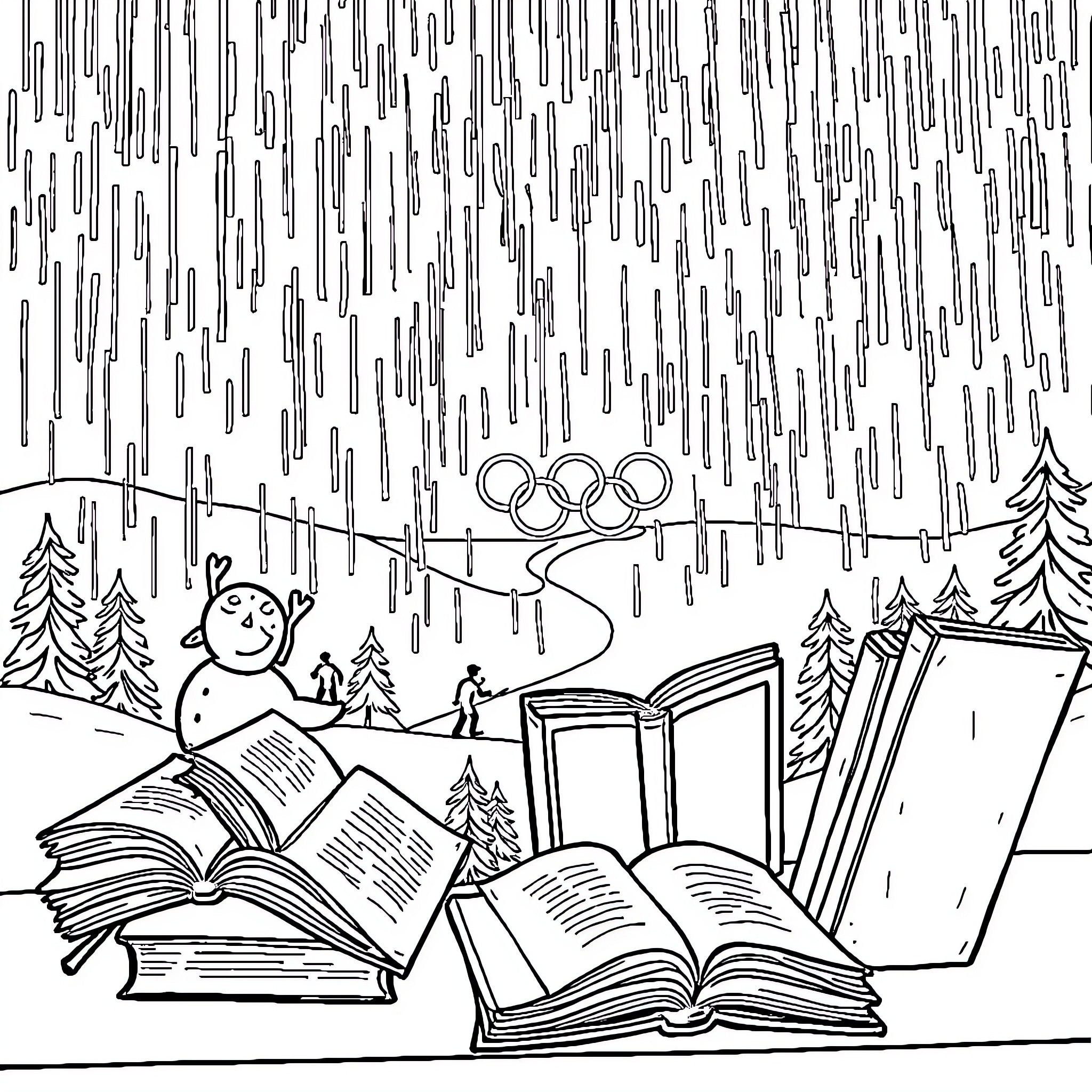 Ski scene with winter landscapes and book motifs Coloring Page (free black-and-white line drawing printable PDF for all, from beginners to advanced learners, including children, teens, adults, and seniors)