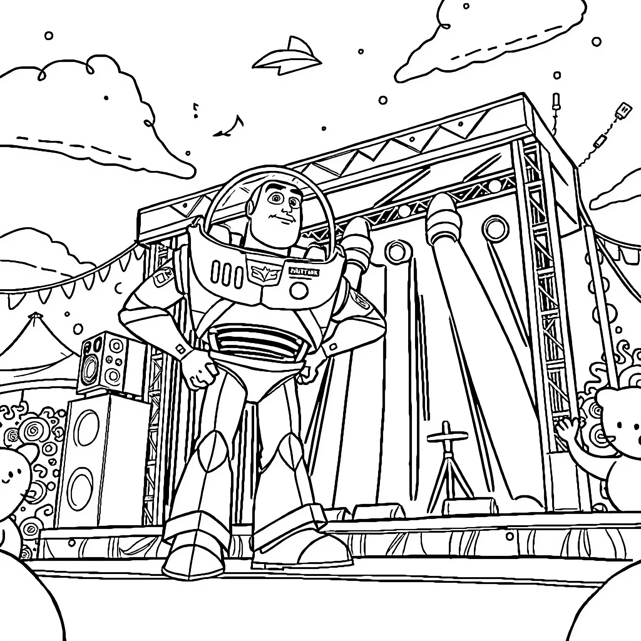 Buzz Lightyear exploring outer space adventures Coloring Page (free black-and-white line drawing printable PDF for all, from beginners to advanced learners, including children, teens, adults, and seniors)