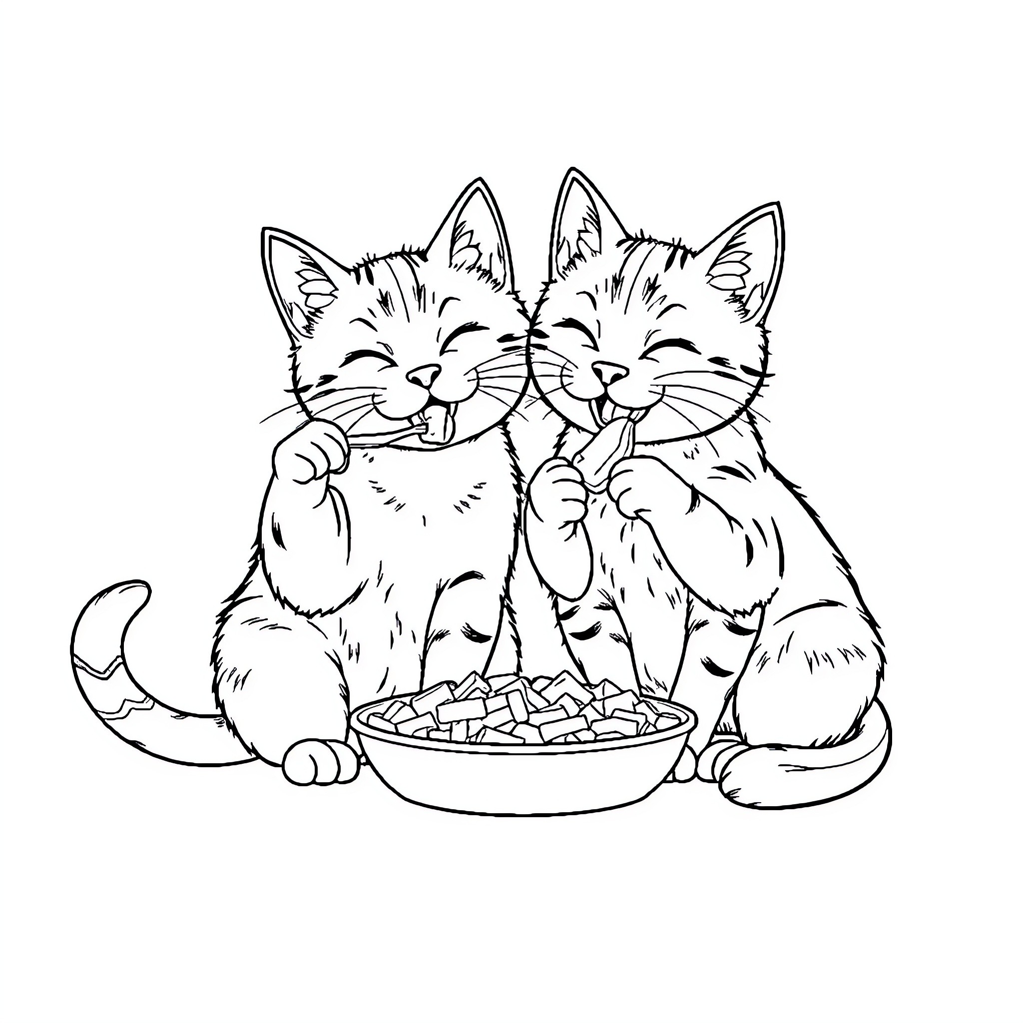 Cat siblings sharing a meal happily Coloring Page (free black-and-white line drawing printable PDF for all, from beginners to advanced learners, including children, teens, adults, and seniors)