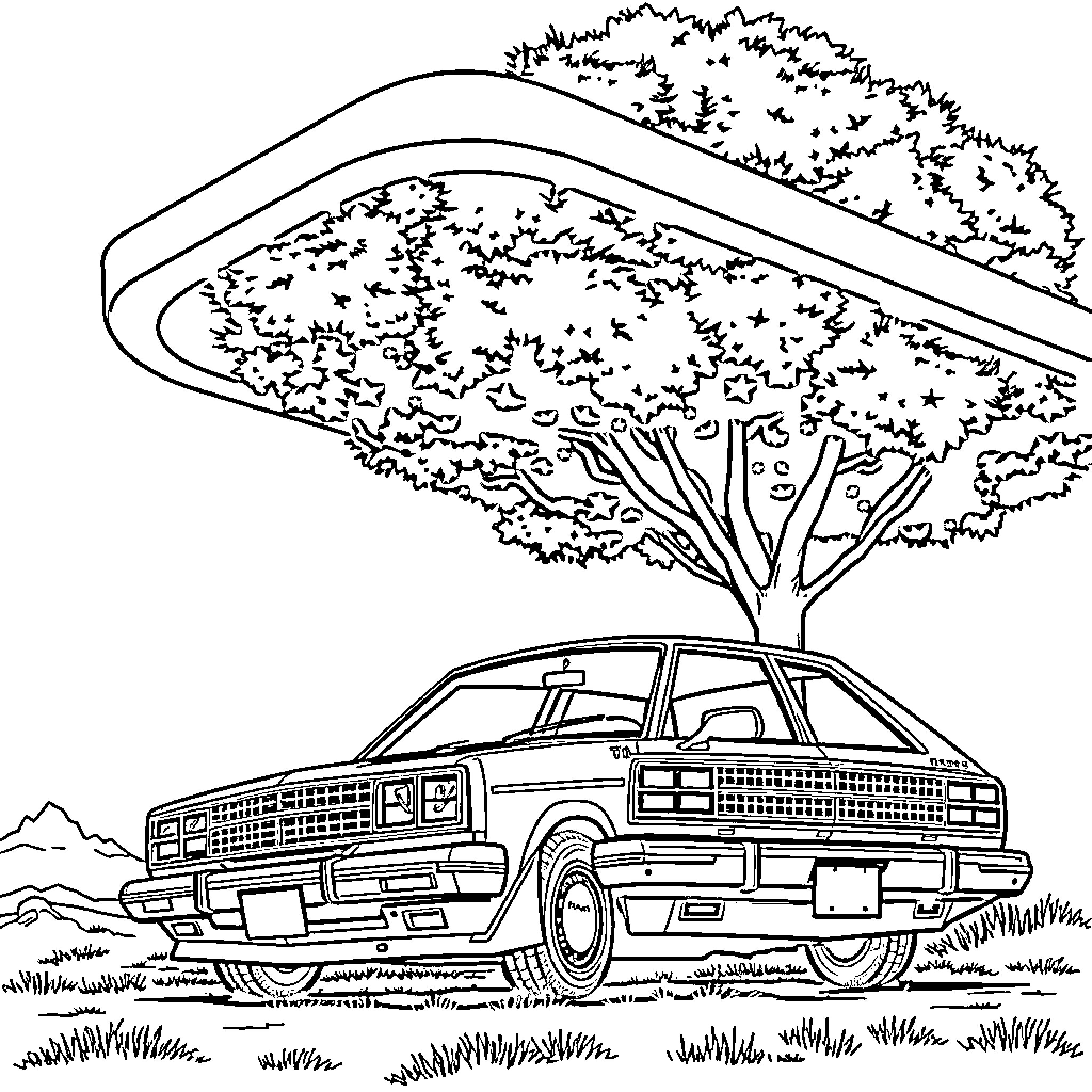 Dodge Omni GLH in scenic nature landscape Coloring Page (free black-and-white line drawing printable PDF for all, from beginners to advanced learners, including children, teens, adults, and seniors)