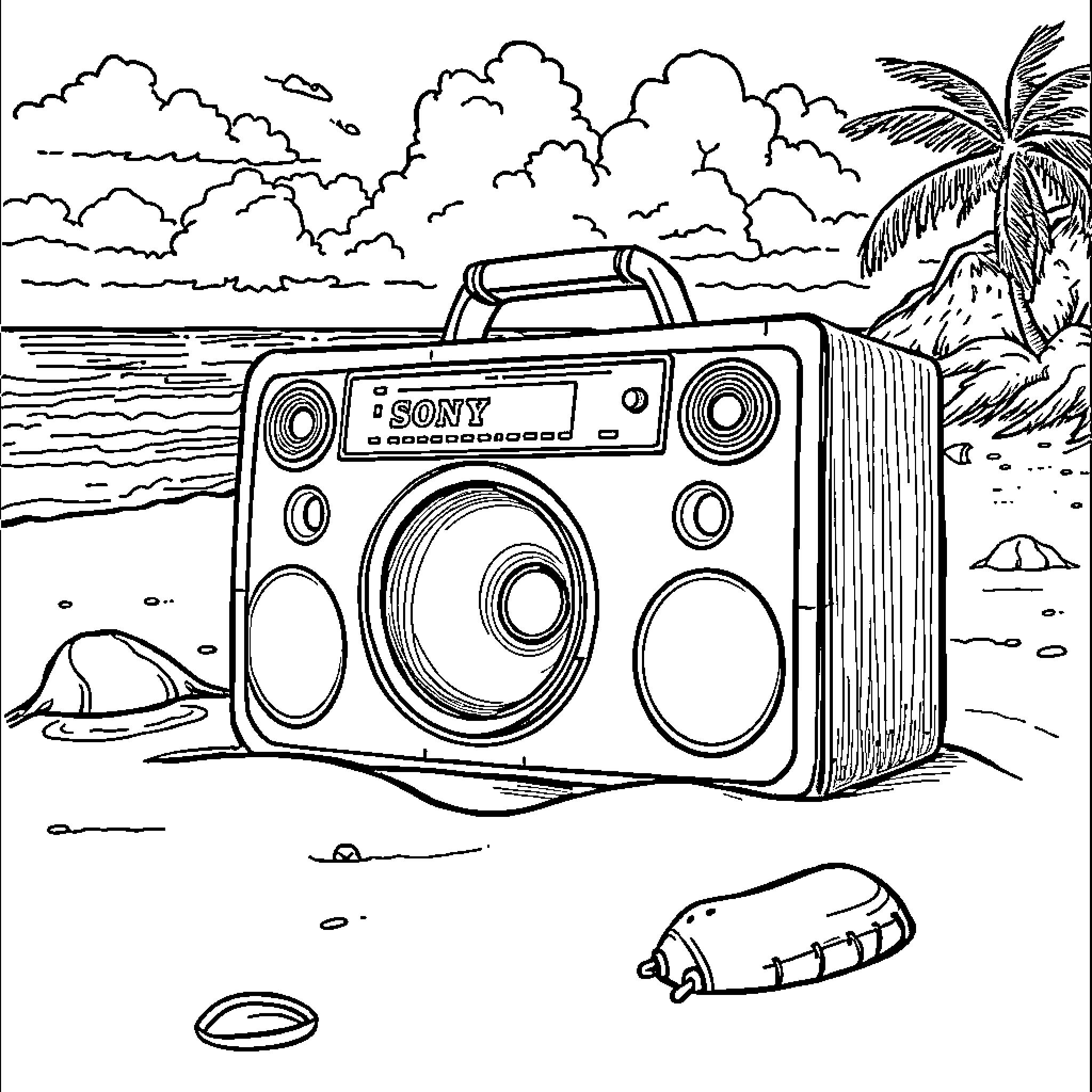 Sony portable speaker on tropical beach Coloring Page (free black-and-white line drawing printable PDF for all, from beginners to advanced learners, including children, teens, adults, and seniors)