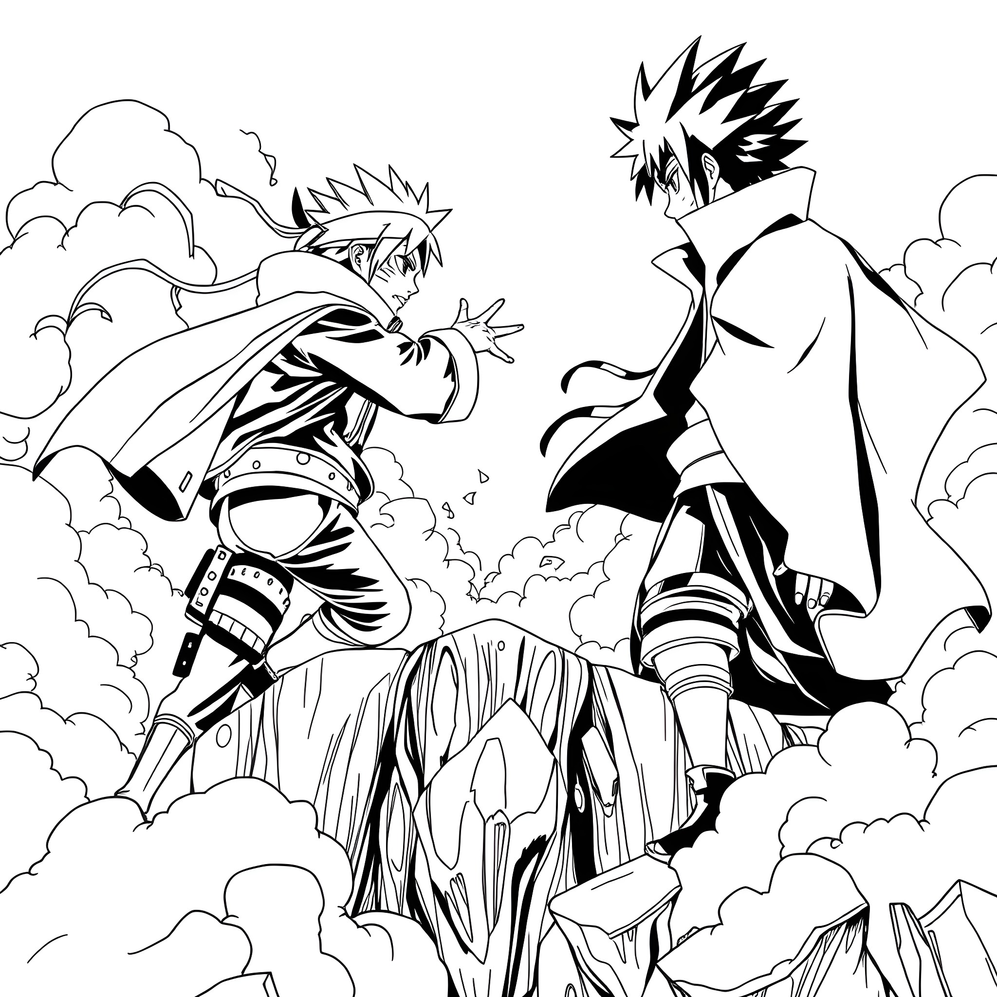 Naruto characters fighting in dramatic scene Coloring Page (free black-and-white line drawing printable PDF for all, from beginners to advanced learners, including children, teens, adults, and seniors)