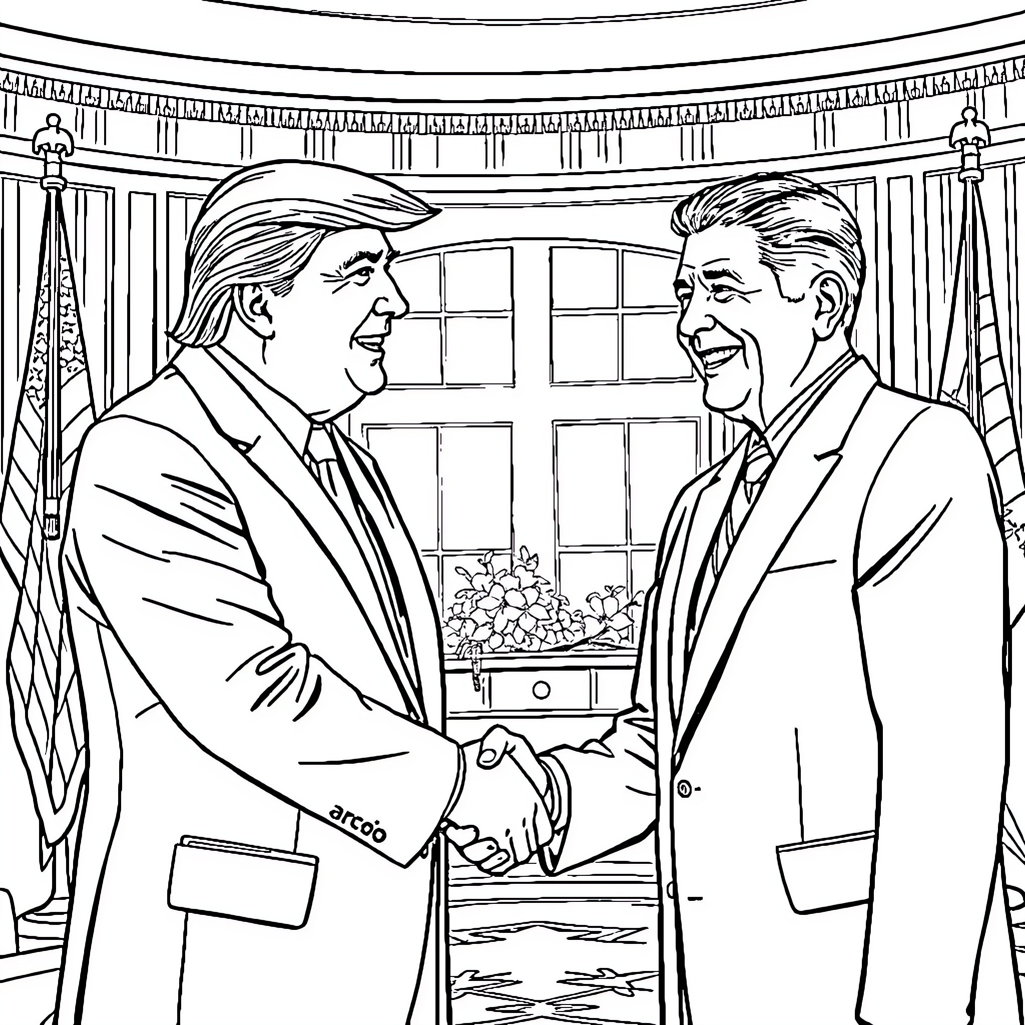 Trump and Reagan shaking hands in the Oval Office Coloring Page (free black-and-white line drawing printable PDF for all, from beginners to advanced learners, including children, teens, adults, and seniors)