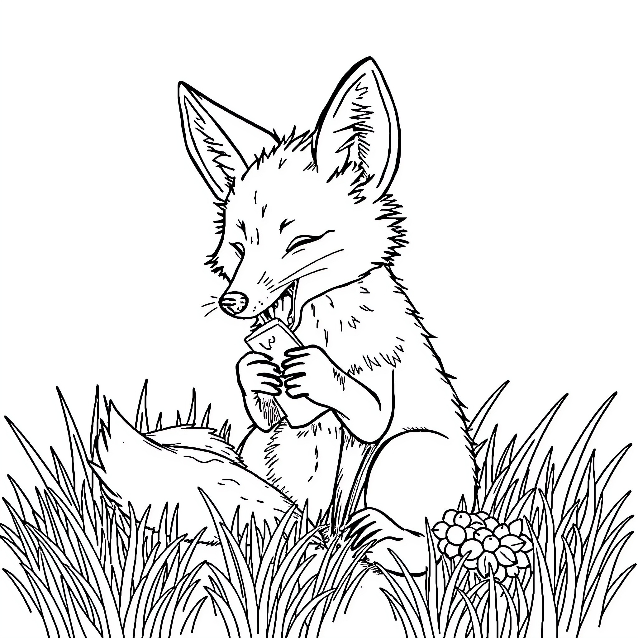 Fox exploring the grassland environment Coloring Page (free black-and-white line drawing printable PDF for all, from beginners to advanced learners, including children, teens, adults, and seniors)