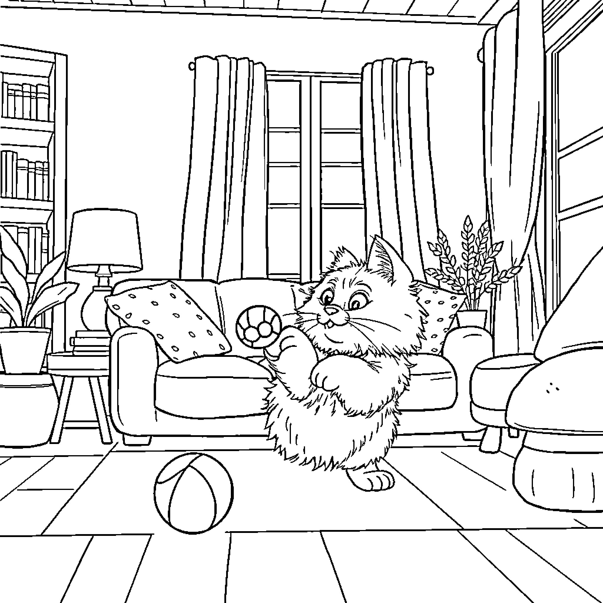 Cat lounging in cozy indoor setting Coloring Page (free black-and-white line drawing printable PDF for all, from beginners to advanced learners, including children, teens, adults, and seniors)