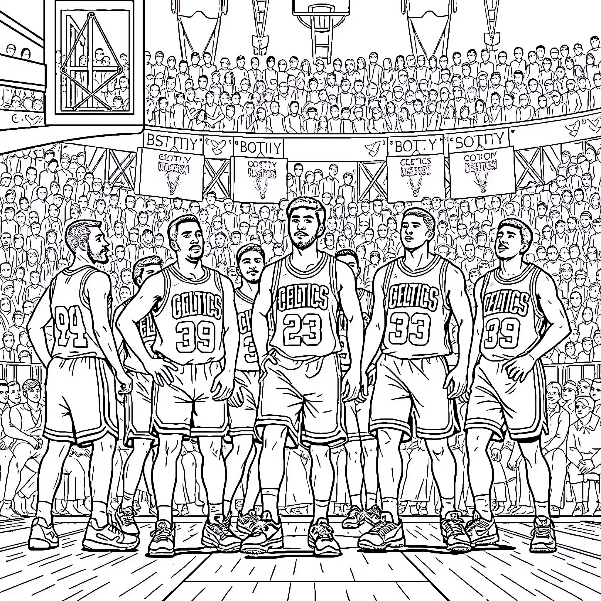 Boston Celtics Basketball Team on the Court Coloring Page (free black-and-white line drawing printable PDF for all, from beginners to advanced learners, including children, teens, adults, and seniors)