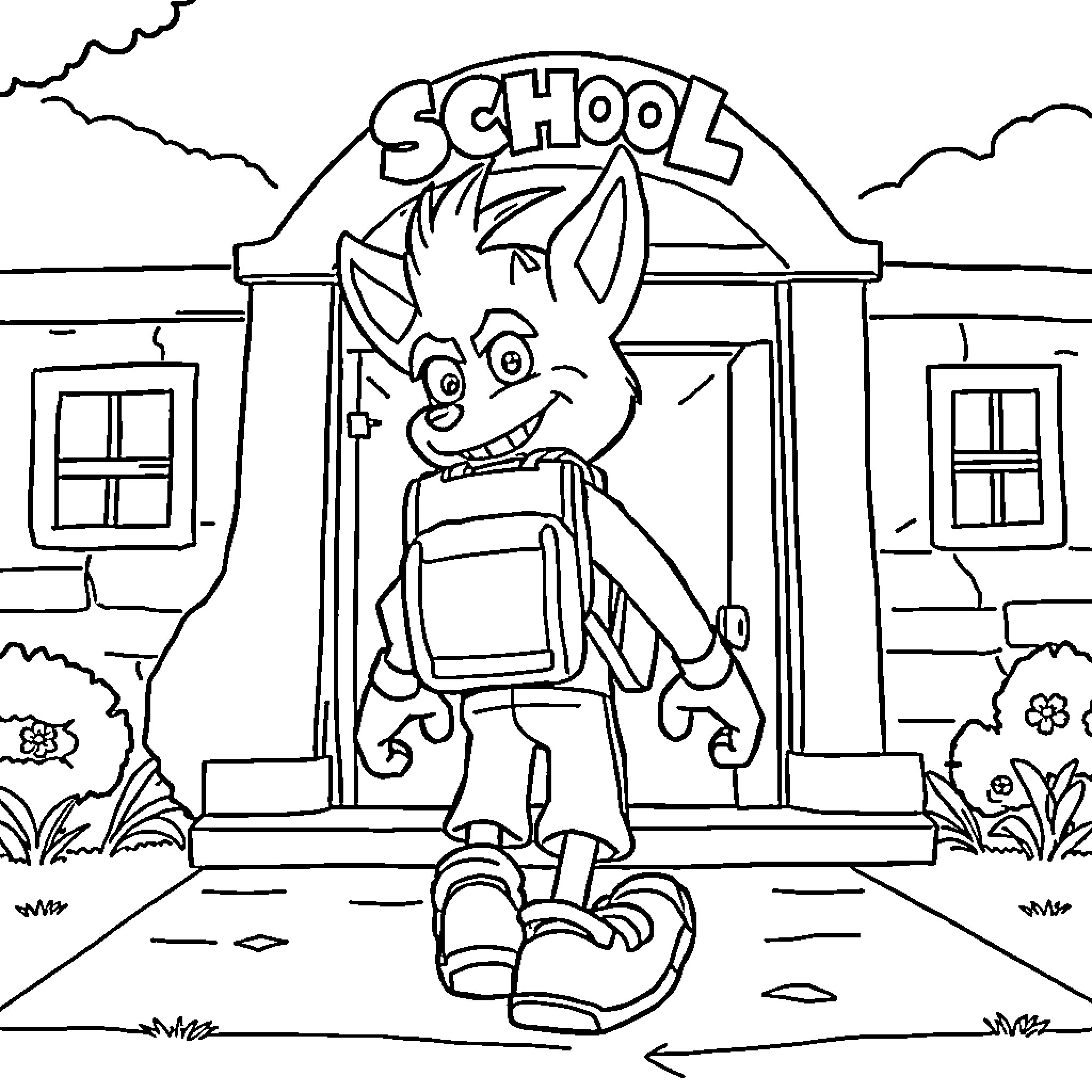 Crash Bandicoot entering the school with backpack Coloring Page (free black-and-white line drawing printable PDF for all, from beginners to advanced learners, including children, teens, adults, and seniors)