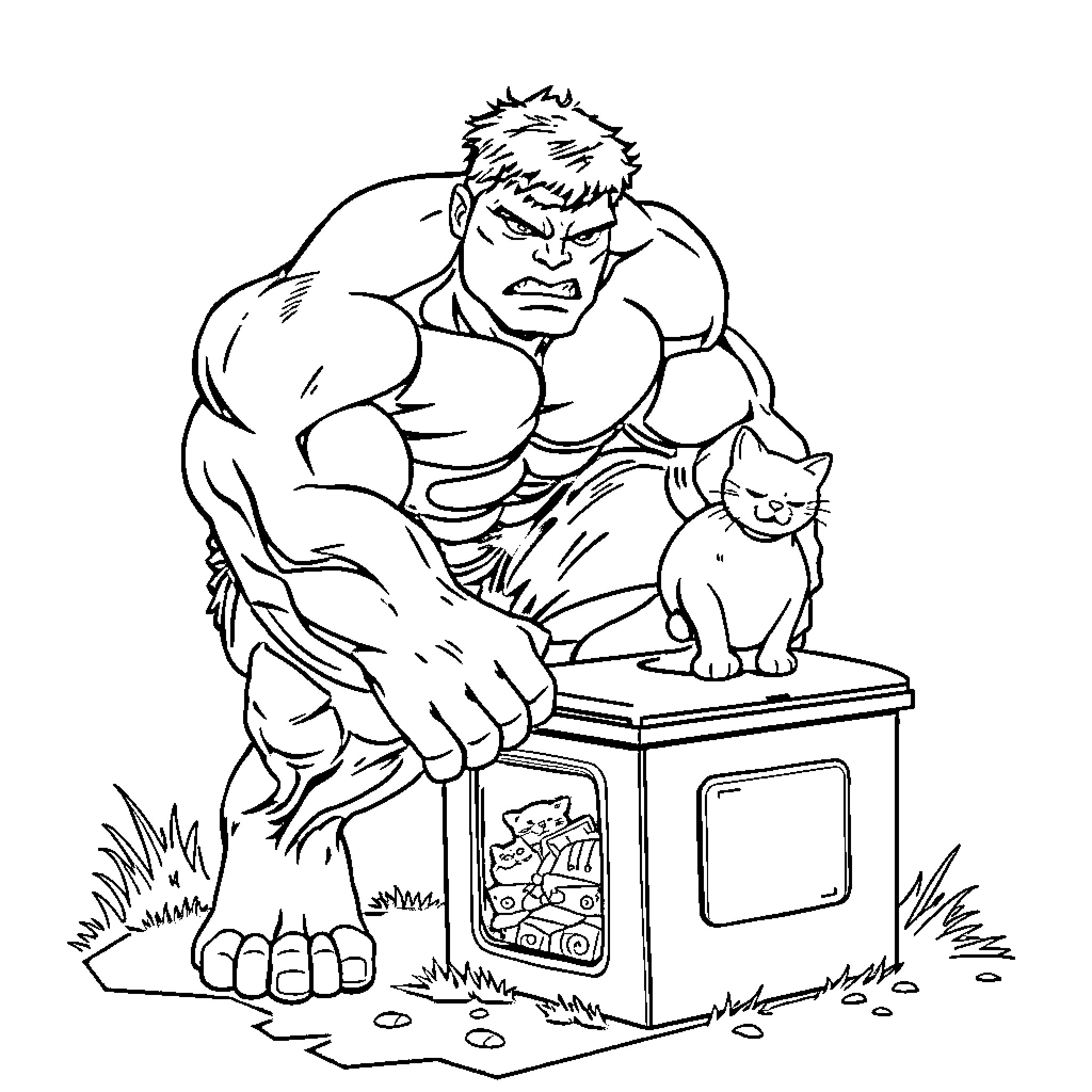 Hulk guarding a mysterious box with a cat Coloring Page (free black-and-white line drawing printable PDF for all, from beginners to advanced learners, including children, teens, adults, and seniors)