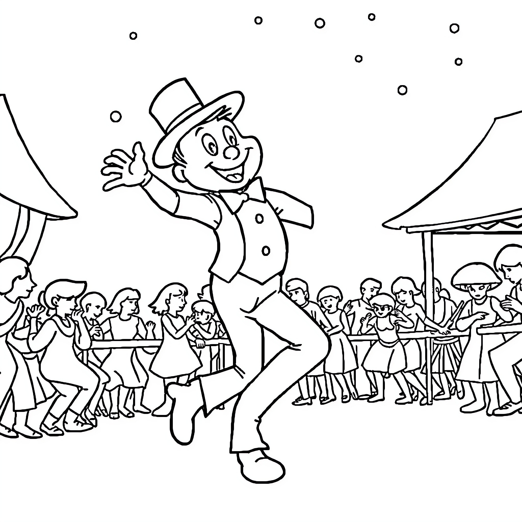 Sam dancing happily at a lively party Coloring Page (free black-and-white line drawing printable PDF for all, from beginners to advanced learners, including children, teens, adults, and seniors)