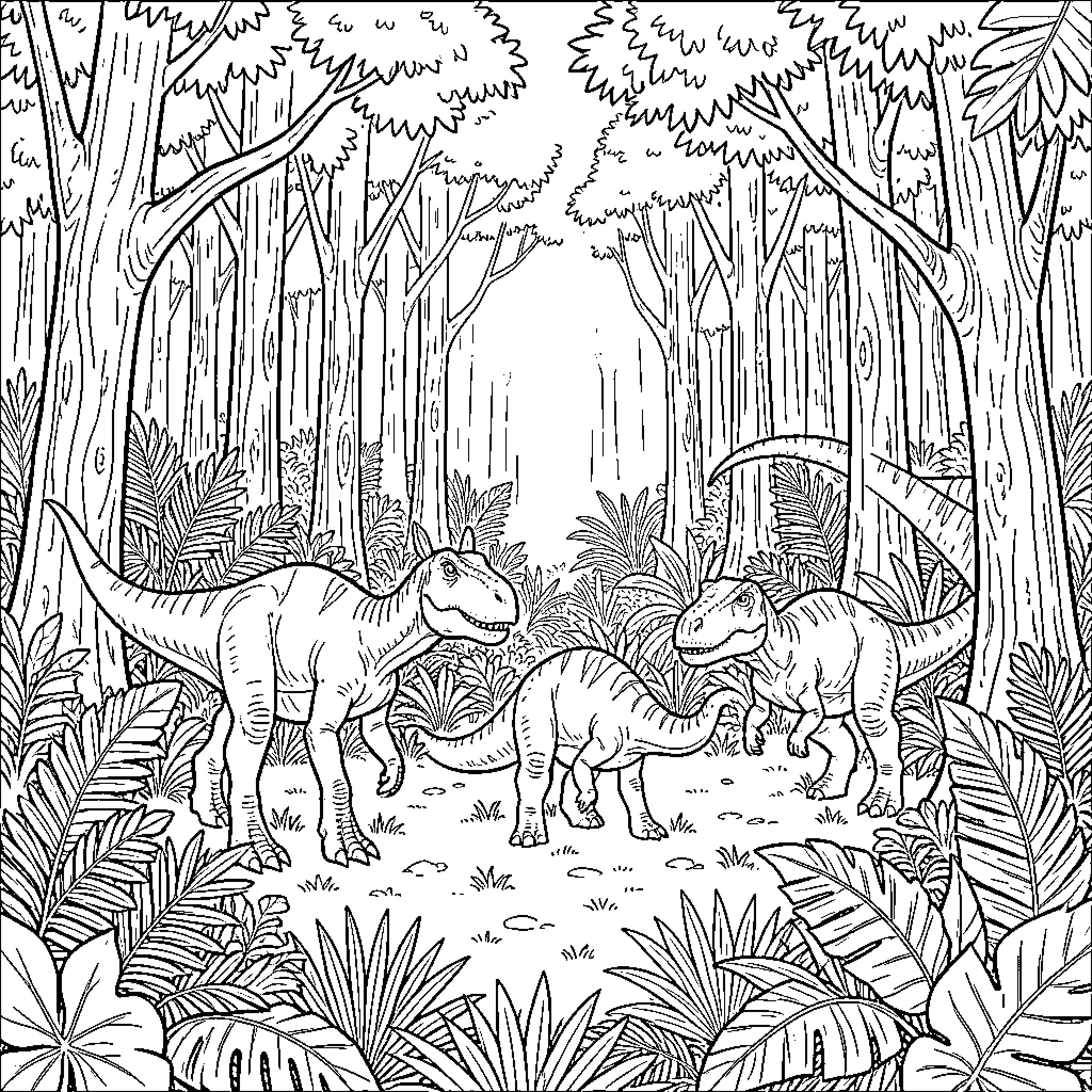 Dinosaur family walking together through a lush forest Coloring Page (free black-and-white line drawing printable PDF for all, from beginners to advanced learners, including children, teens, adults, and seniors)