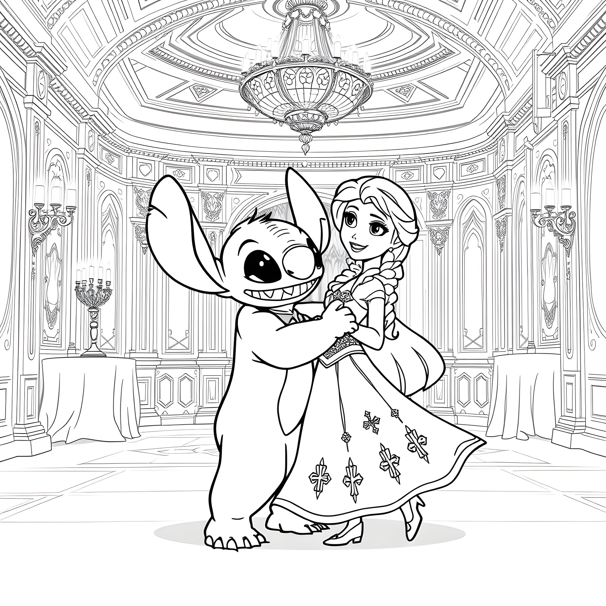 Character dancing happily in a grand palace Coloring Page (free black-and-white line drawing printable PDF for all, from beginners to advanced learners, including children, teens, adults, and seniors)