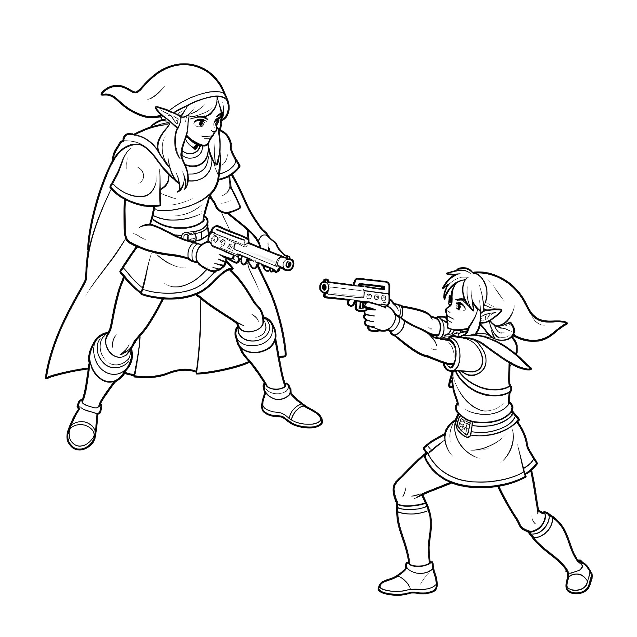 Link Engaged in Fantasy Battle with Ally Coloring Page (free black-and-white line drawing printable PDF for all, from beginners to advanced learners, including children, teens, adults, and seniors)