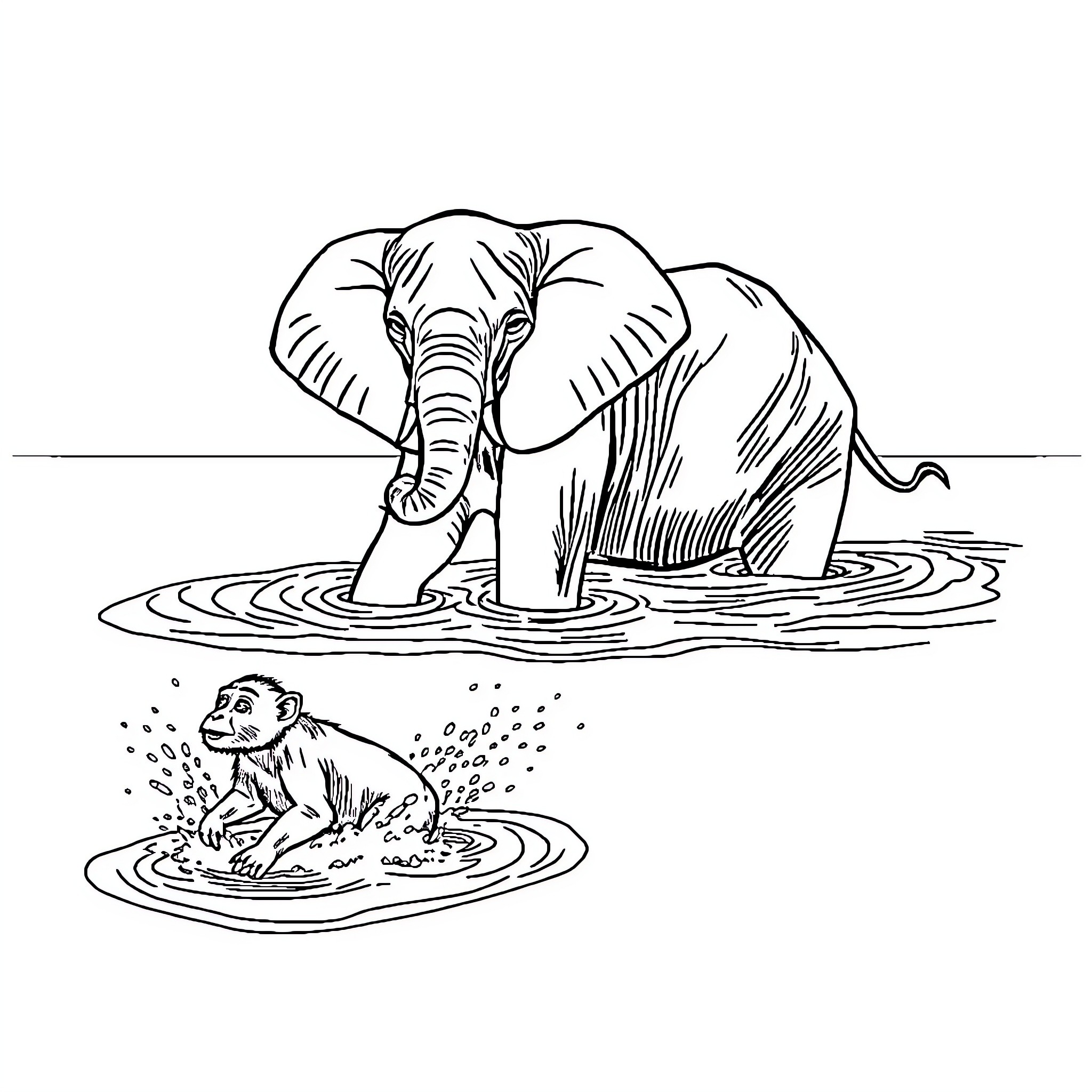 Elephant wading through water with playful companion Coloring Page (free black-and-white line drawing printable PDF for all, from beginners to advanced learners, including children, teens, adults, and seniors)