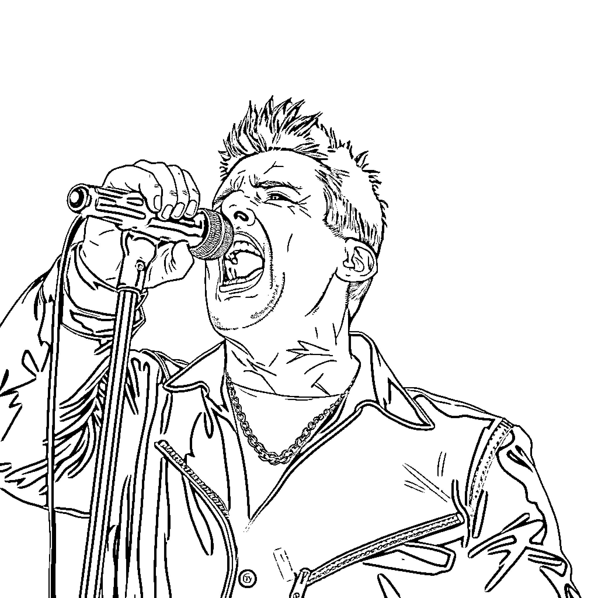Till Lindemann performing energetically on stage Coloring Page (free black-and-white line drawing printable PDF for all, from beginners to advanced learners, including children, teens, adults, and seniors)
