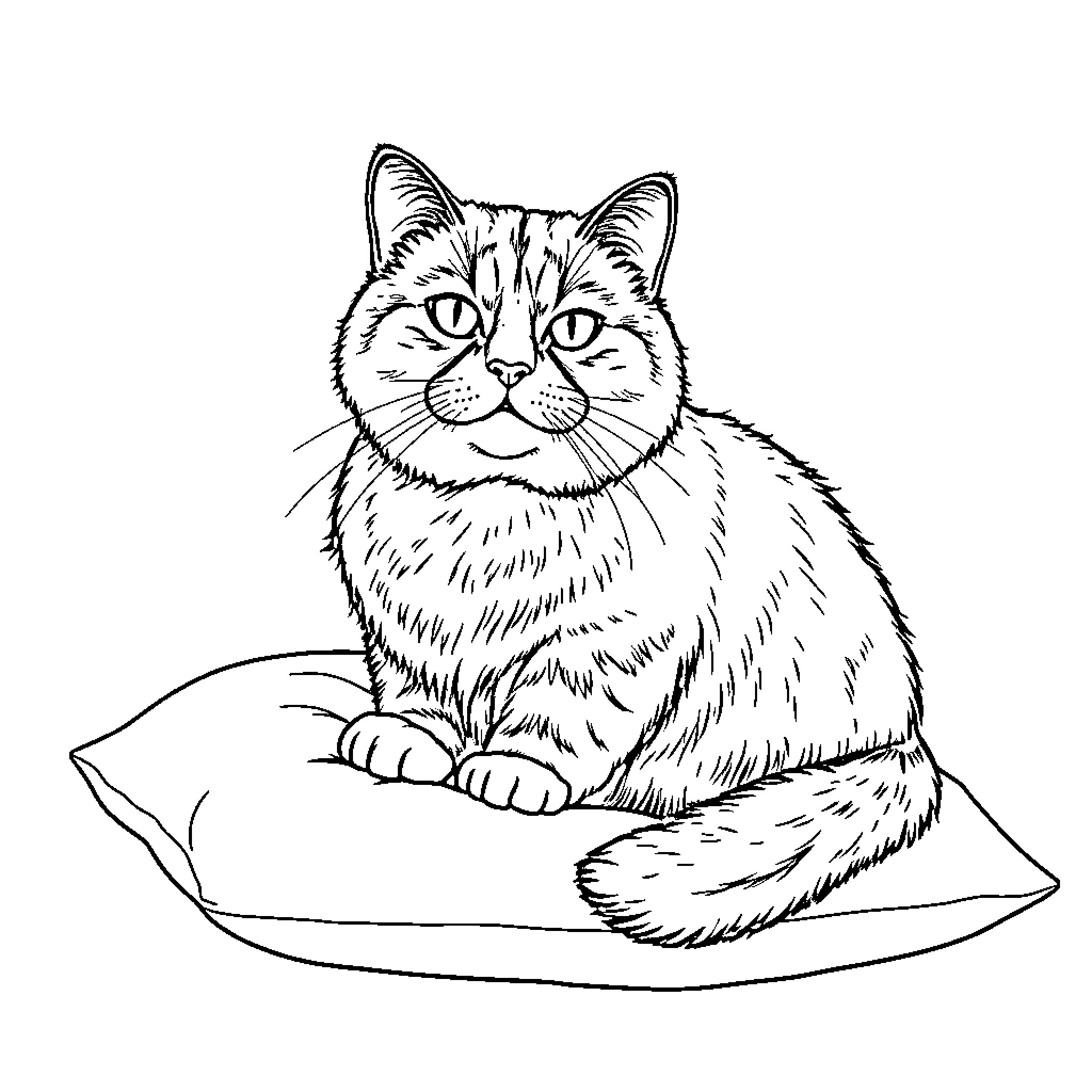 British Shorthair cat resting comfortably on a pillow Coloring Page (free black-and-white line drawing printable PDF for all, from beginners to advanced learners, including children, teens, adults, and seniors)