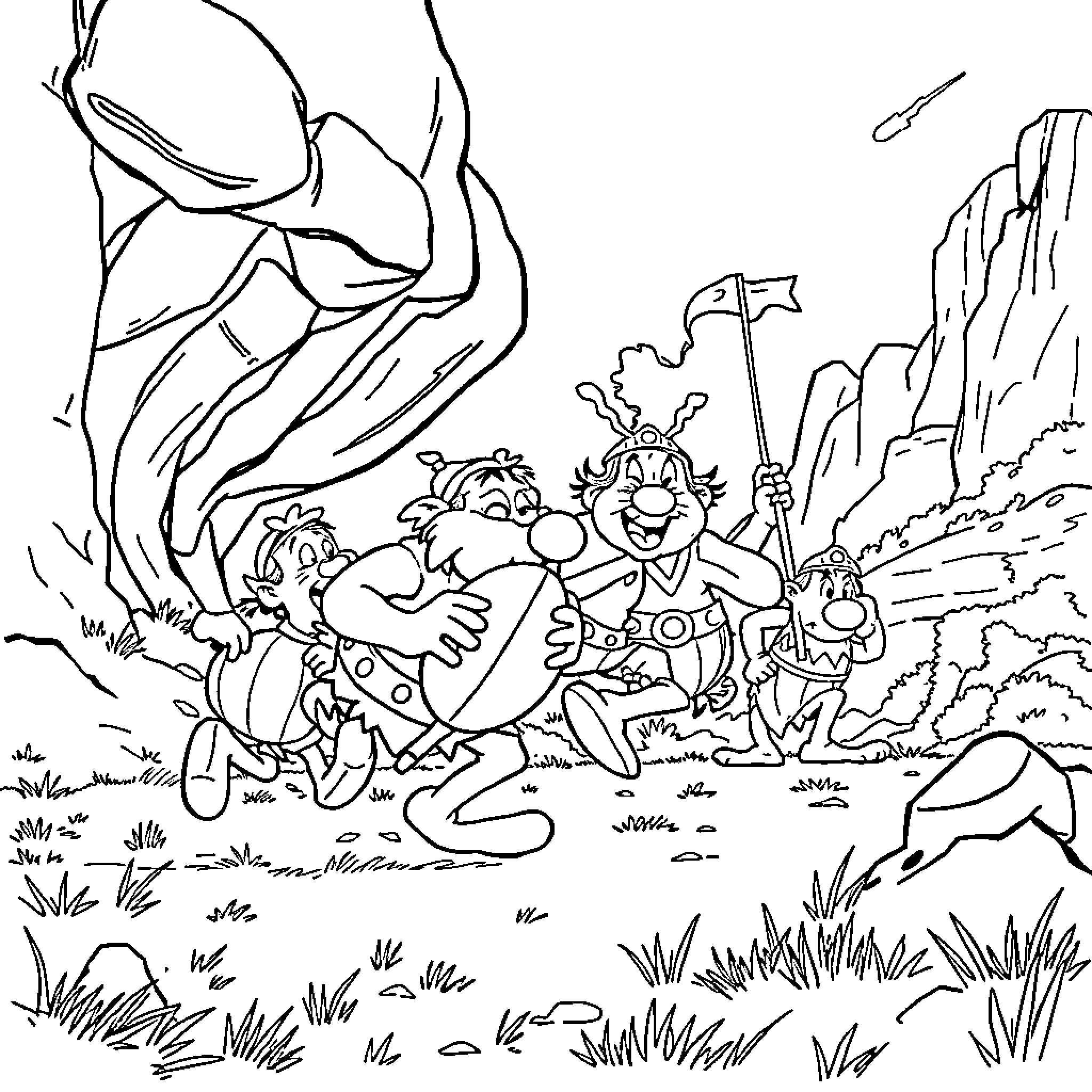 Asterix and Friends on an Adventurous Journey Coloring Page (free black-and-white line drawing printable PDF for all, from beginners to advanced learners, including children, teens, adults, and seniors)