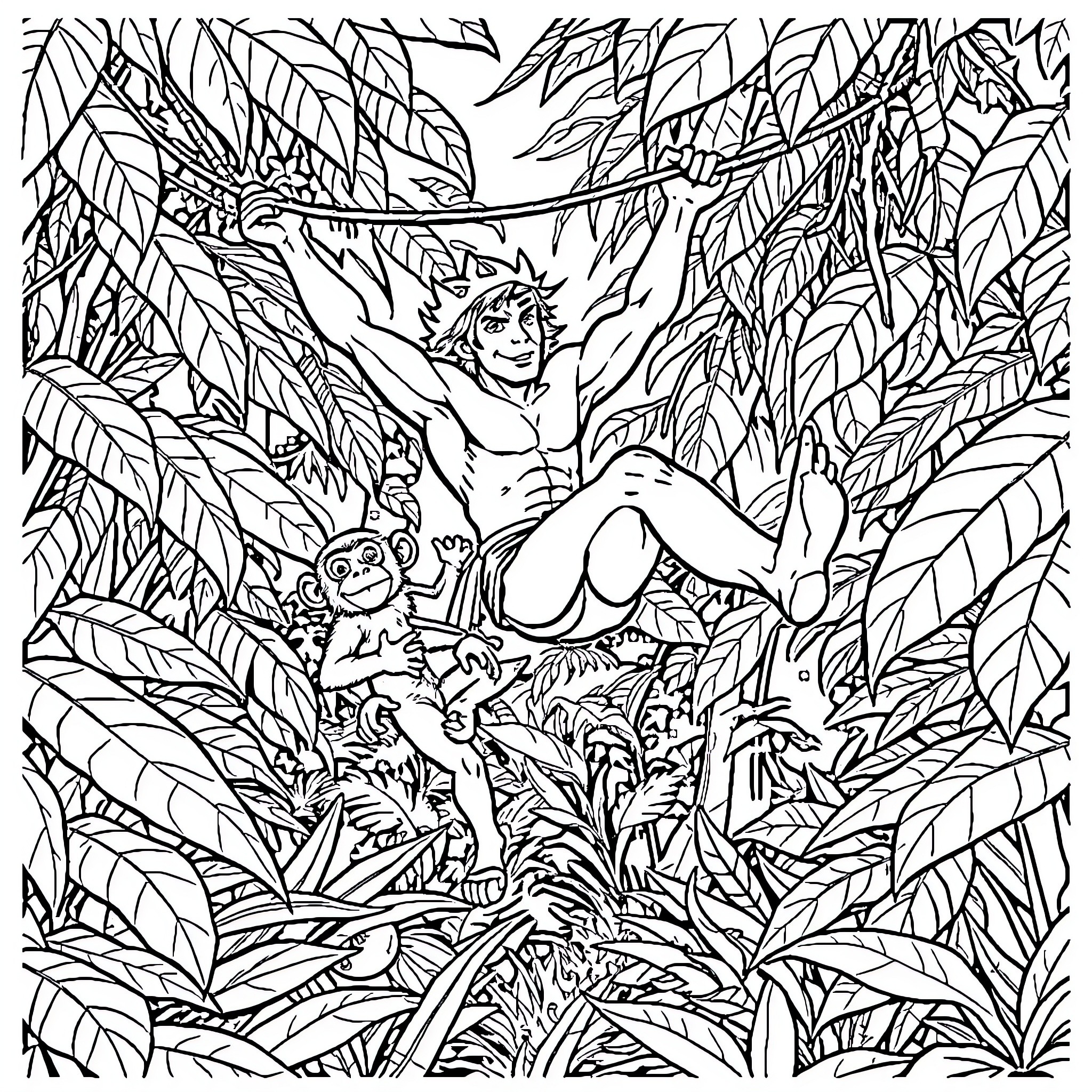 Tarzan's Jungle Adventure Coloring Page (free black-and-white line drawing printable PDF for all, from beginners to advanced learners, including children, teens, adults, and seniors)