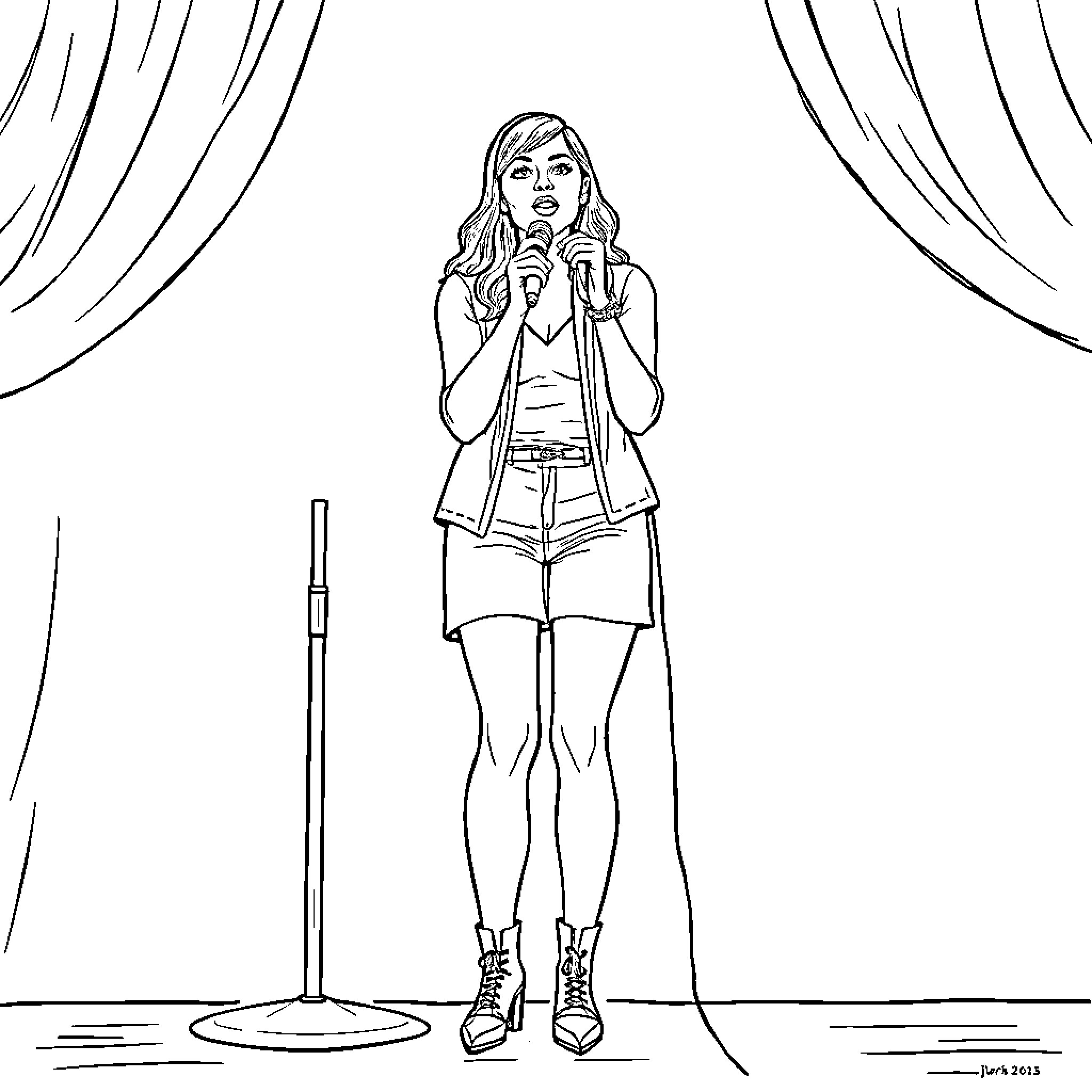 Megan Moroney performing on stage Coloring Page (free black-and-white line drawing printable PDF for all, from beginners to advanced learners, including children, teens, adults, and seniors)