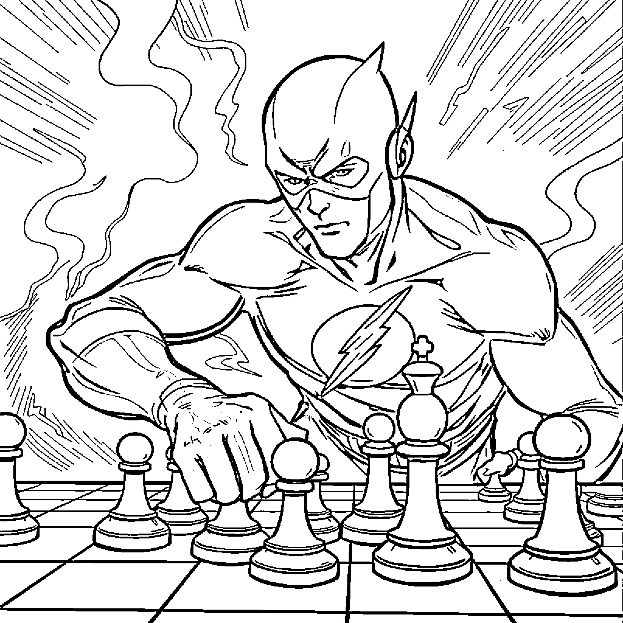 Flash Strategizing Chess Moves Intensely Coloring Page (free black-and-white line drawing printable PDF for all, from beginners to advanced learners, including children, teens, adults, and seniors)