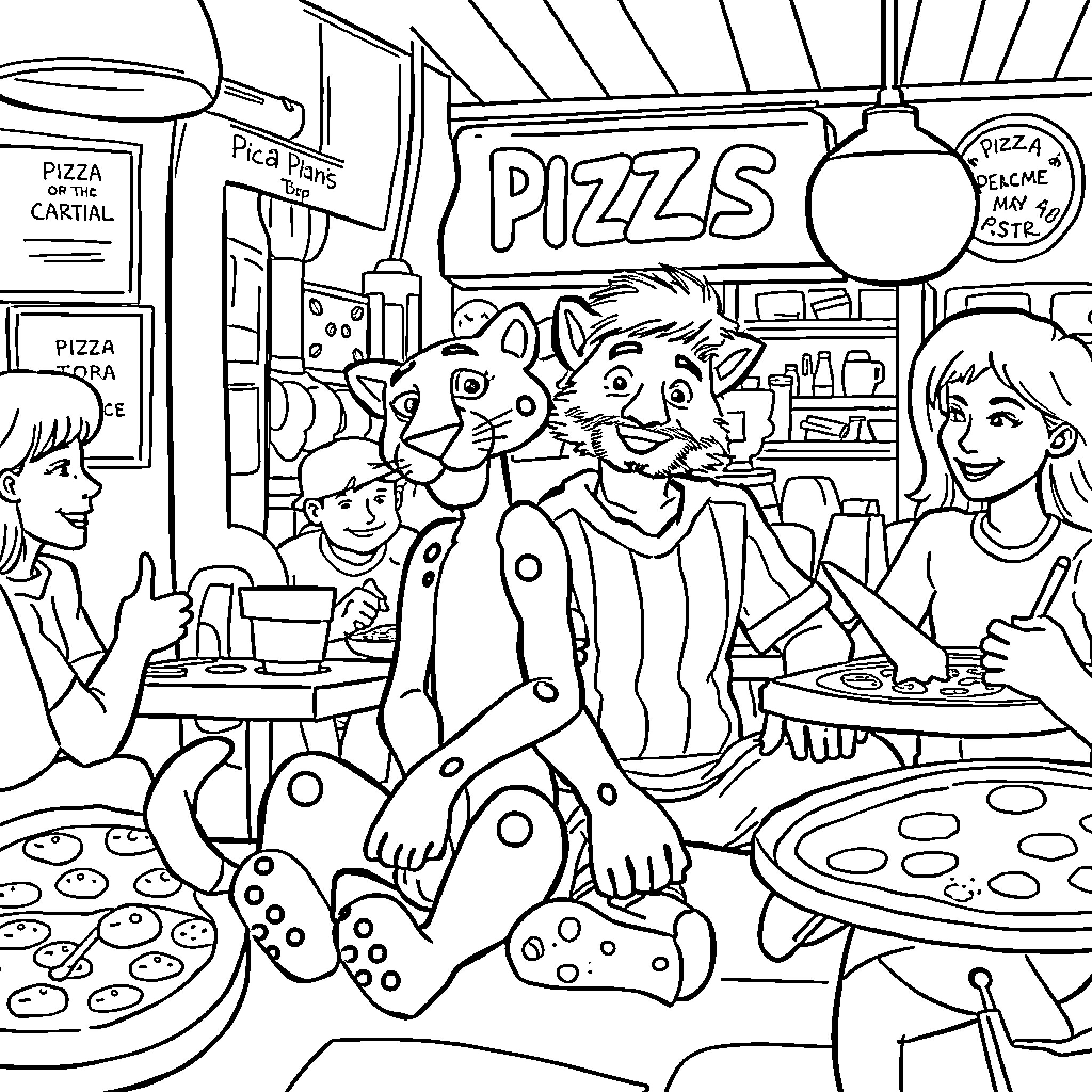 Pink Panther's Pizza Party Adventure Coloring Page (free black-and-white line drawing printable PDF for all, from beginners to advanced learners, including children, teens, adults, and seniors)