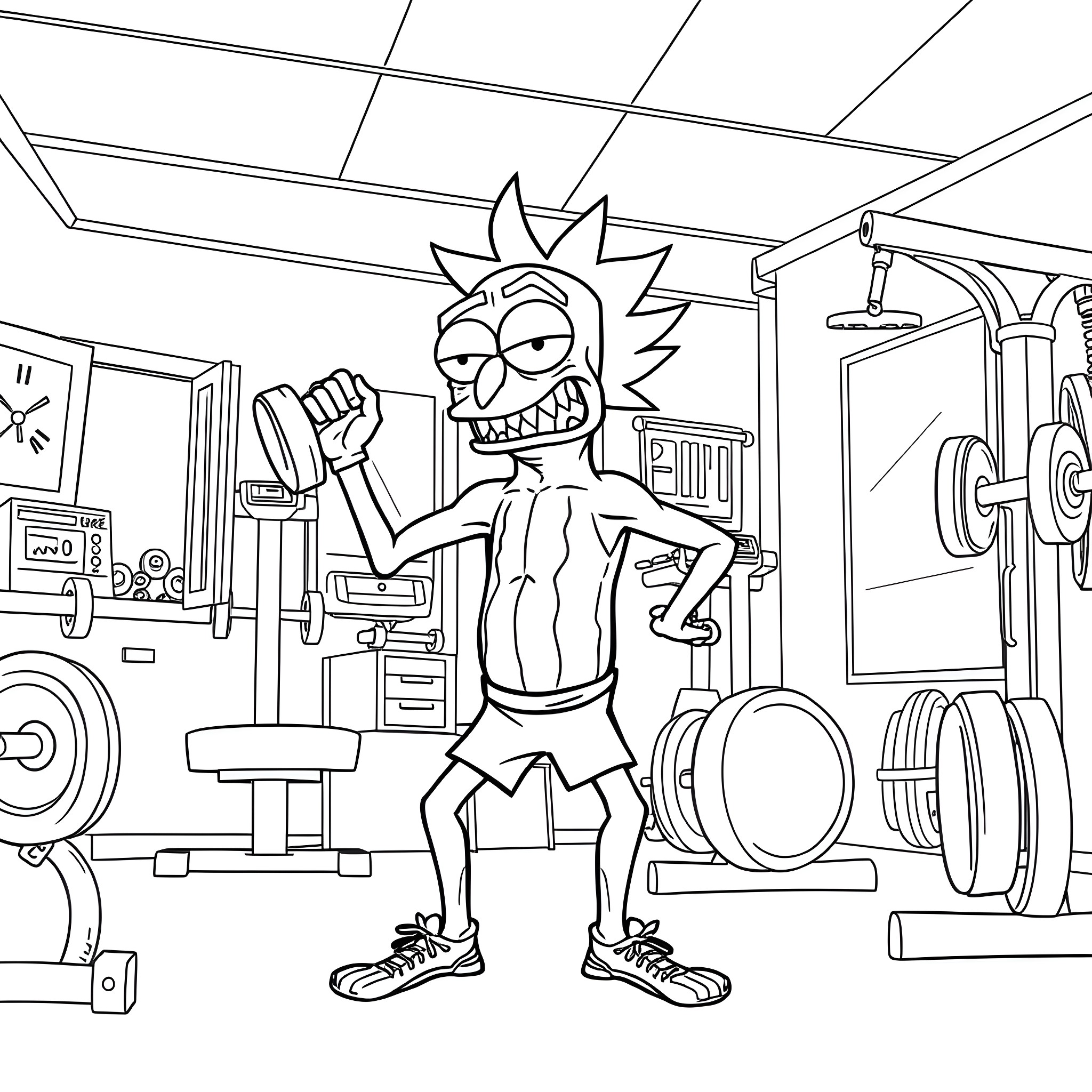 Pickle Rick exercising in the gym Coloring Page (free black-and-white line drawing printable PDF for all, from beginners to advanced learners, including children, teens, adults, and seniors)