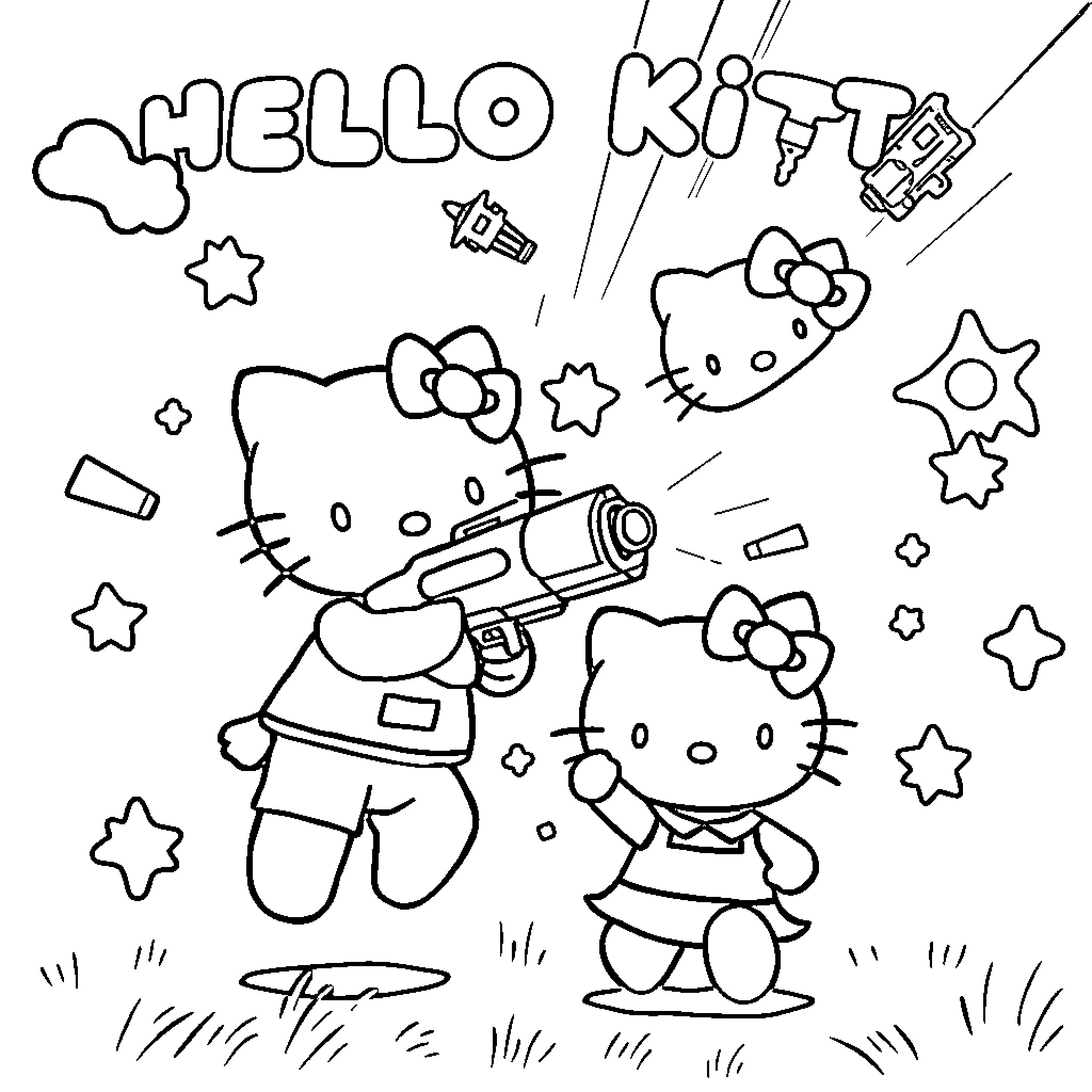 Hello Kitty playing with toys and exploring the outdoors Coloring Page (free black-and-white line drawing printable PDF for all, from beginners to advanced learners, including children, teens, adults, and seniors)