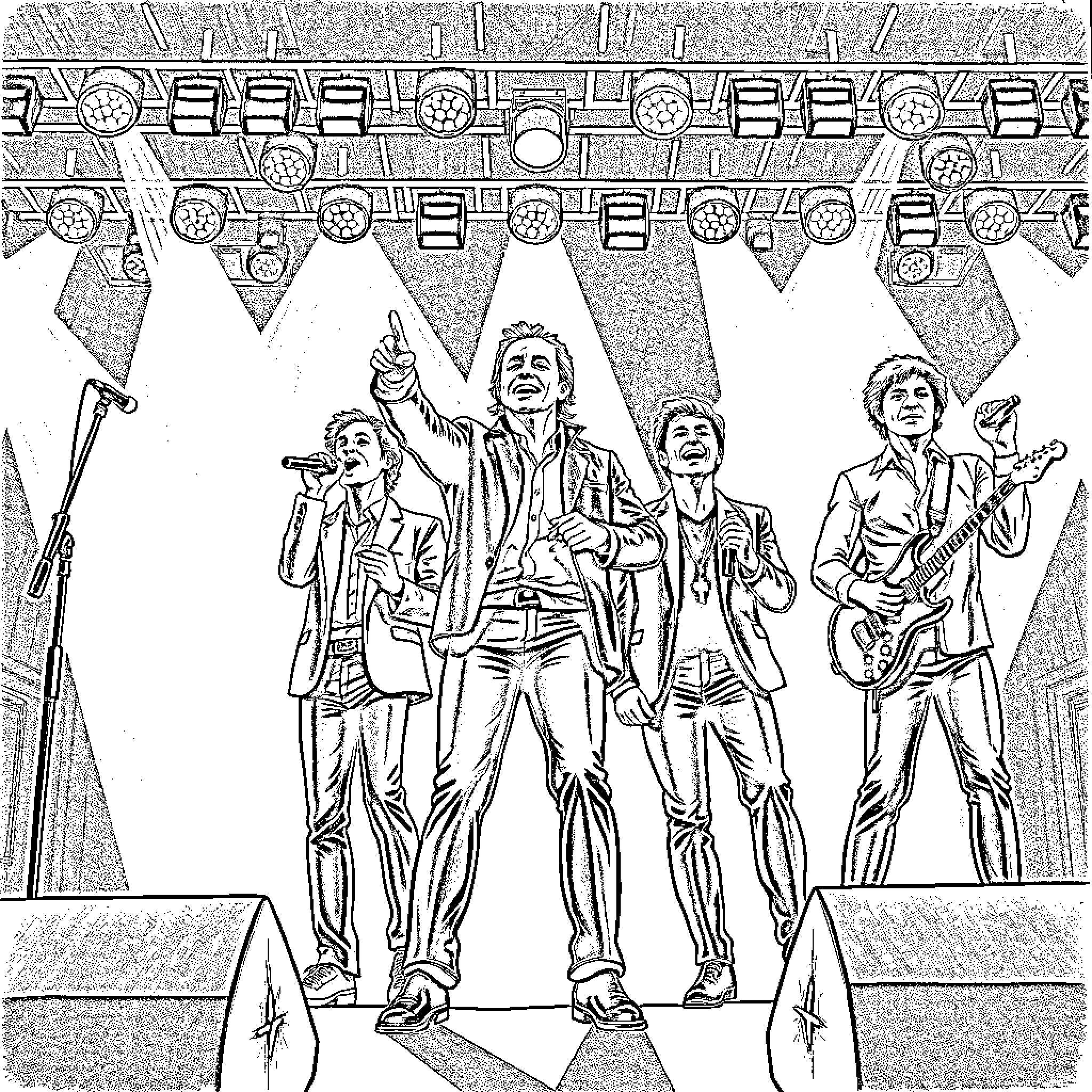 Boy Band Performing on Stage with Enthusiasm Coloring Page (free black-and-white line drawing printable PDF for all, from beginners to advanced learners, including children, teens, adults, and seniors)