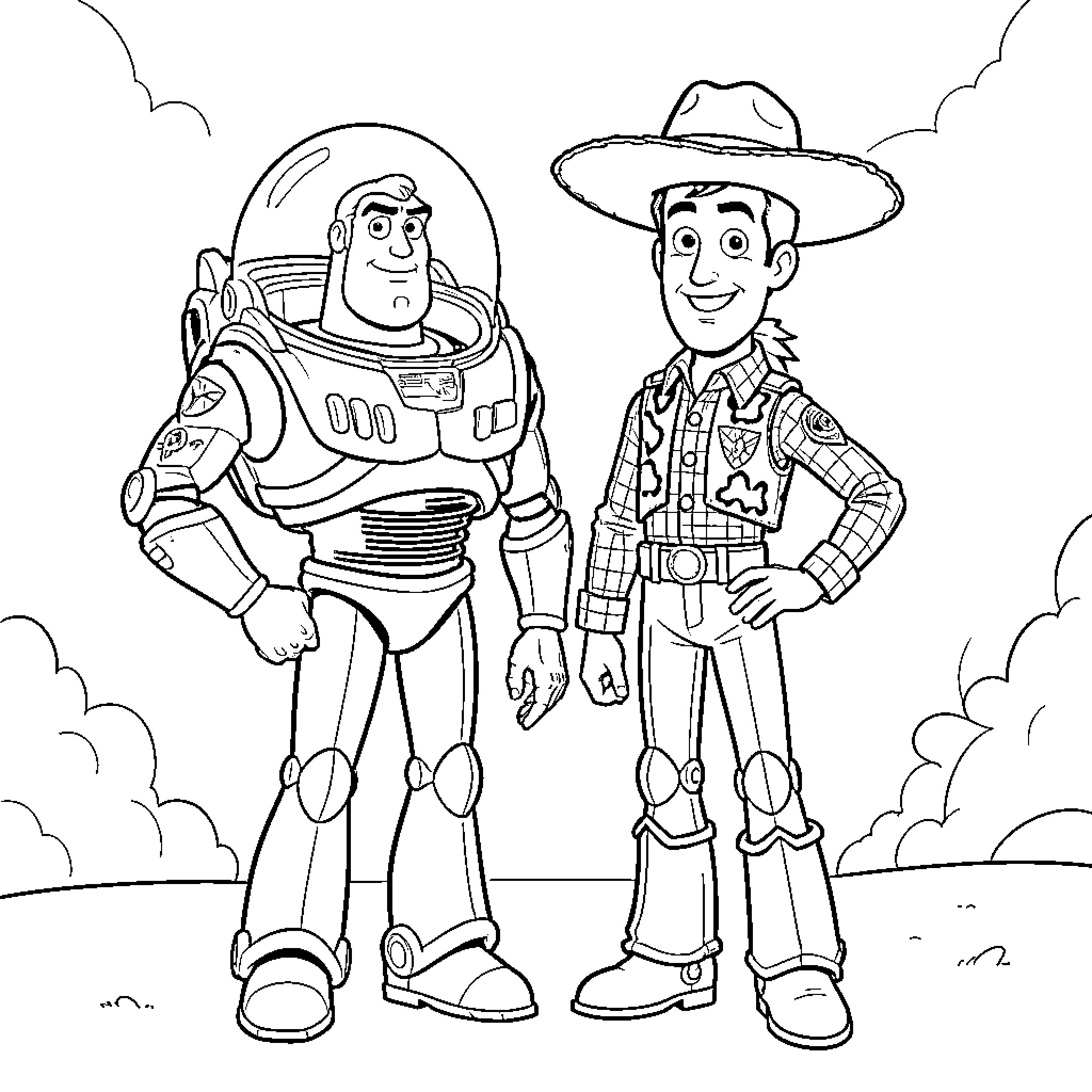 Buzz and Woody's Adventurous Encounter Coloring Page (free black-and-white line drawing printable PDF for all, from beginners to advanced learners, including children, teens, adults, and seniors)