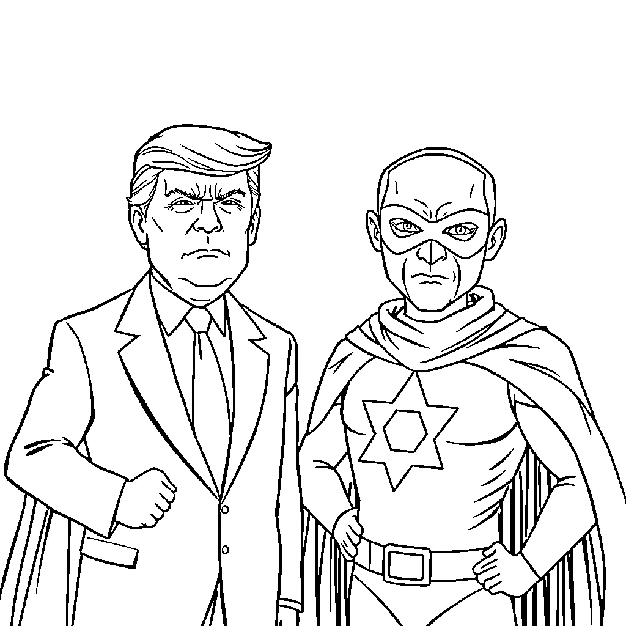 Superhero and politician in intense conversation Coloring Page (free black-and-white line drawing printable PDF for all, from beginners to advanced learners, including children, teens, adults, and seniors)